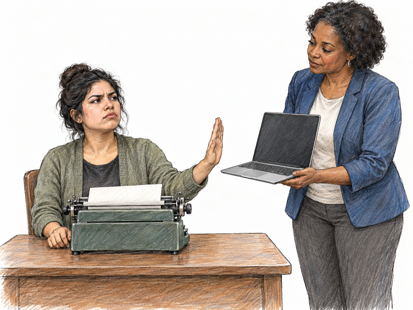 A young adult Latina office worker stubbornly keeps using an old manual typewriter, raising a dismissive palm toward a middle-aged Black woman colleague offering a slim laptop.