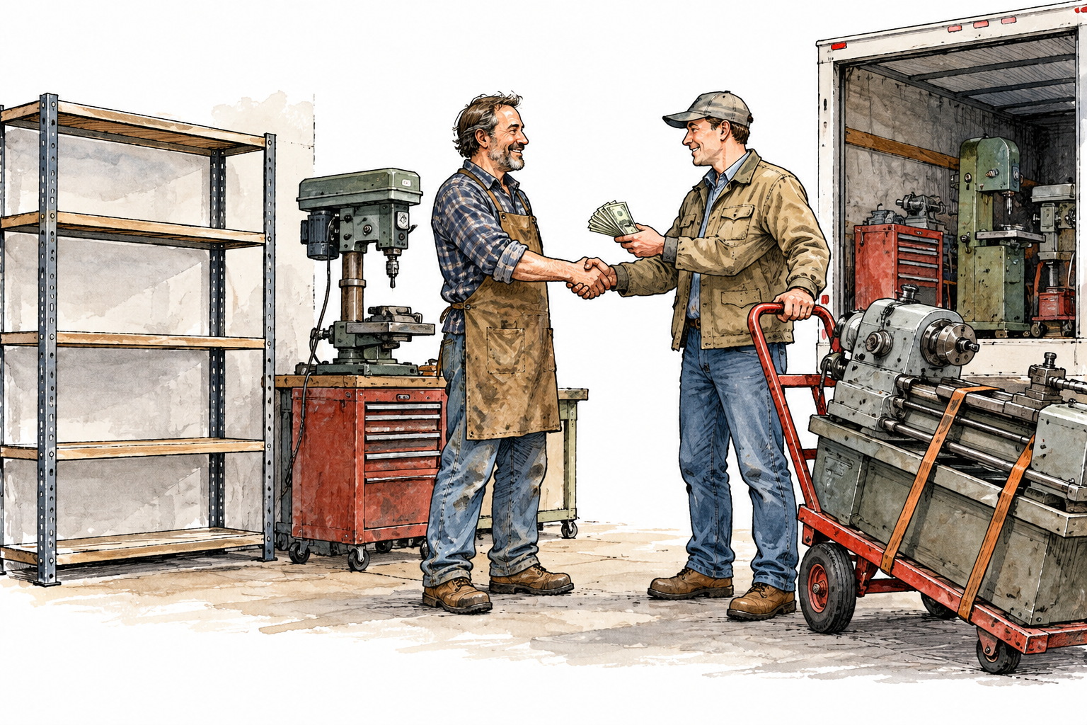 Owner sells workshop equipment to a buyer who hands over cash, removal trolley and now-empty shelf show asset conversion, no text.