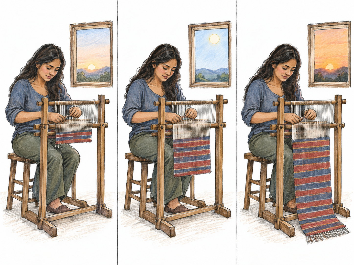 A text-free three-panel sequence shows one woman weaving the same rug from sunrise through midday to sunset.