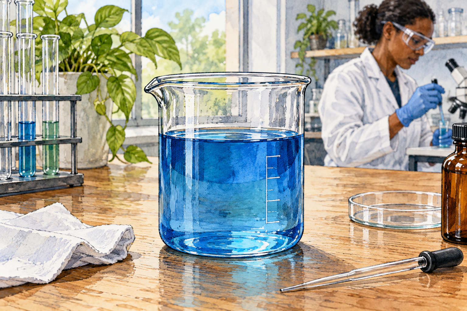 A clear wide-mouthed laboratory beaker holding blue liquid on a workbench, cylindrical glass and pouring lip obvious, only essential tiny graduation marks no prose.