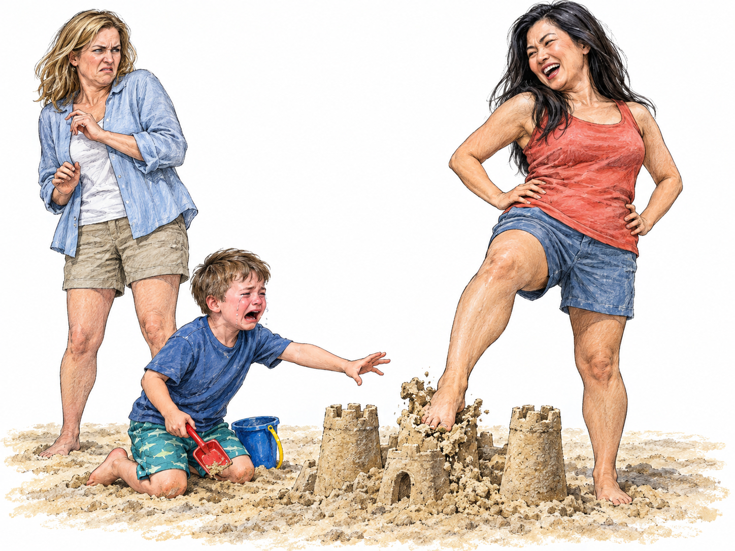 An adult deliberately crushes a child's sandcastle while laughing; the crying child and another adult's disgust make the cruelty visibly deserving of scorn.