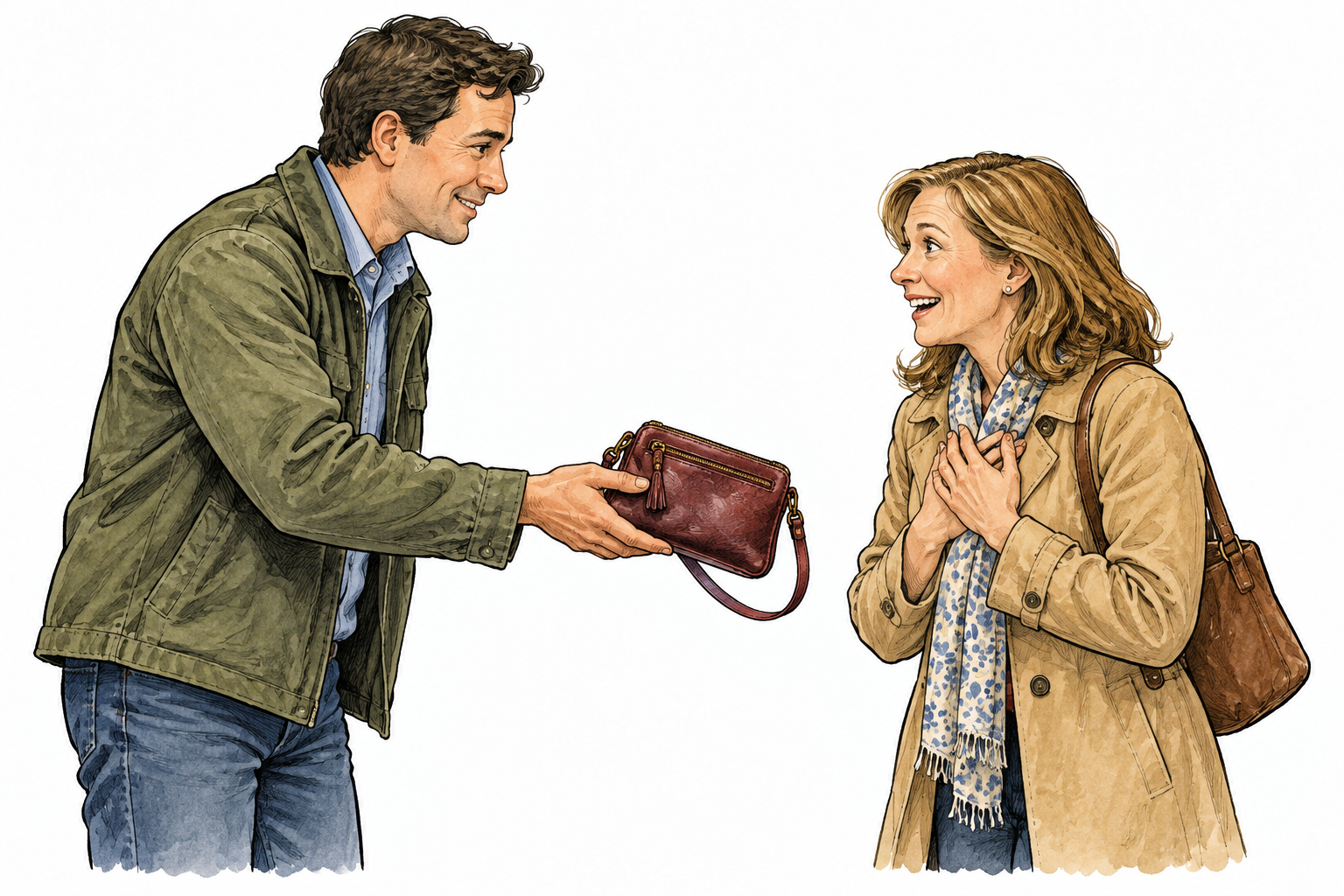 An adult chooses to return a lost purse and helps its owner, lived principles of honesty and kindness.