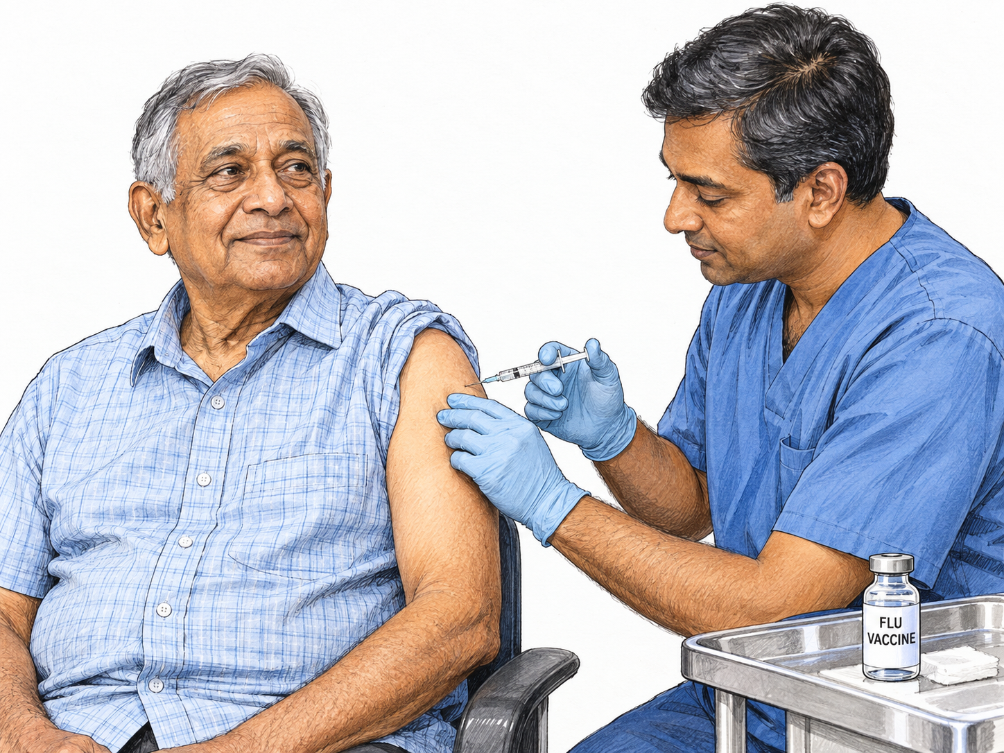 A clinician administers a preventive flu vaccination to a healthy-looking older adult.