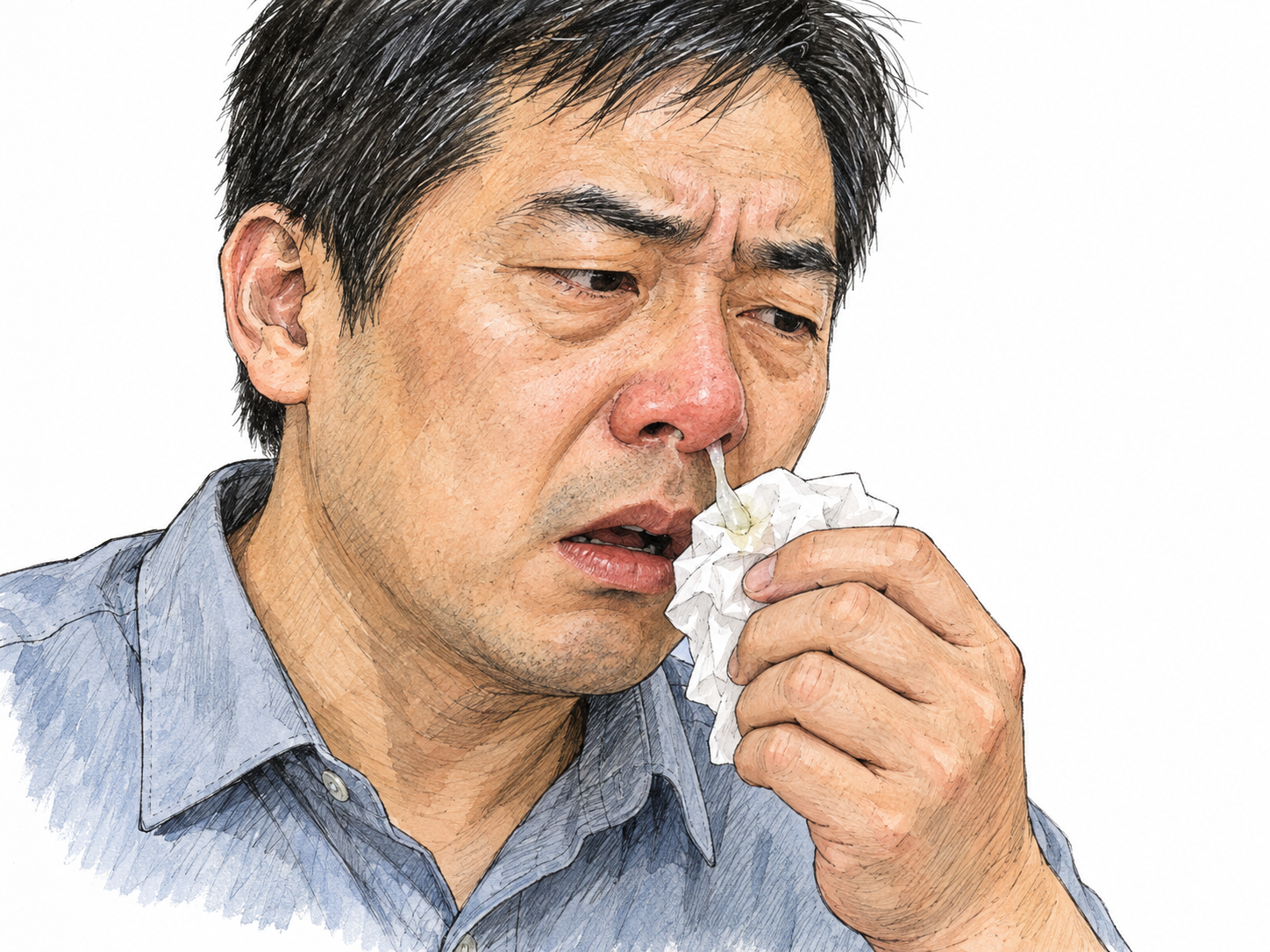 Close-up of a congested man wiping a visibly mucus-filled, runny nose with a tissue; the mucus itself, rather than sneezing alone, is the focal cue.