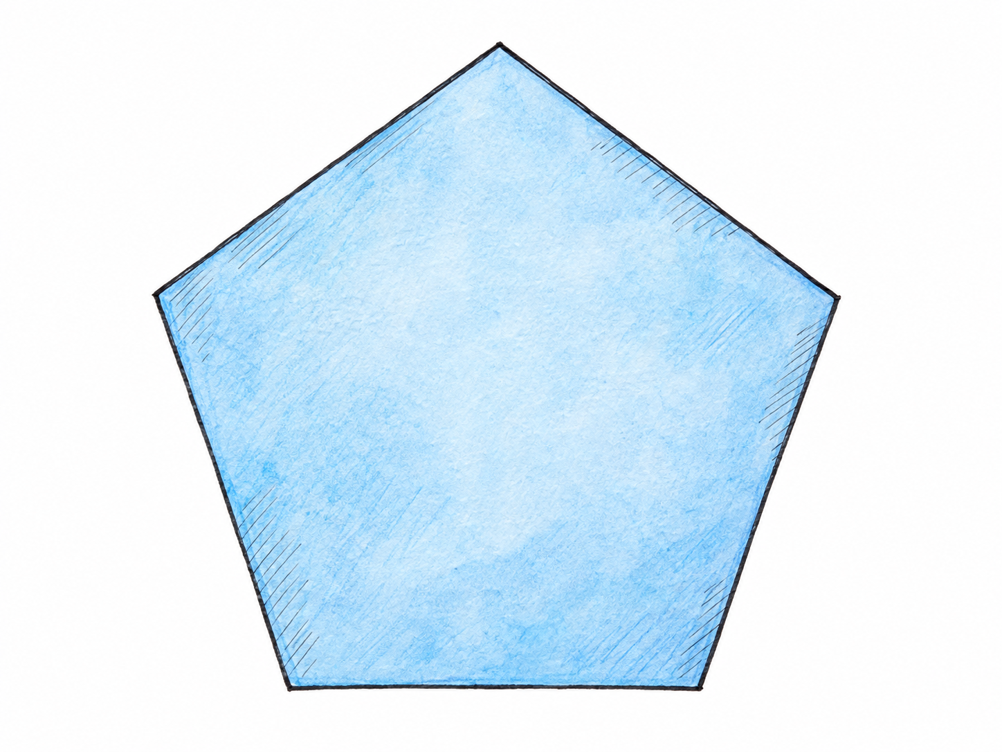 One large, face-on pentagon with five crisp straight sides and five unmistakable corners, lightly filled with blue watercolor on white ground.