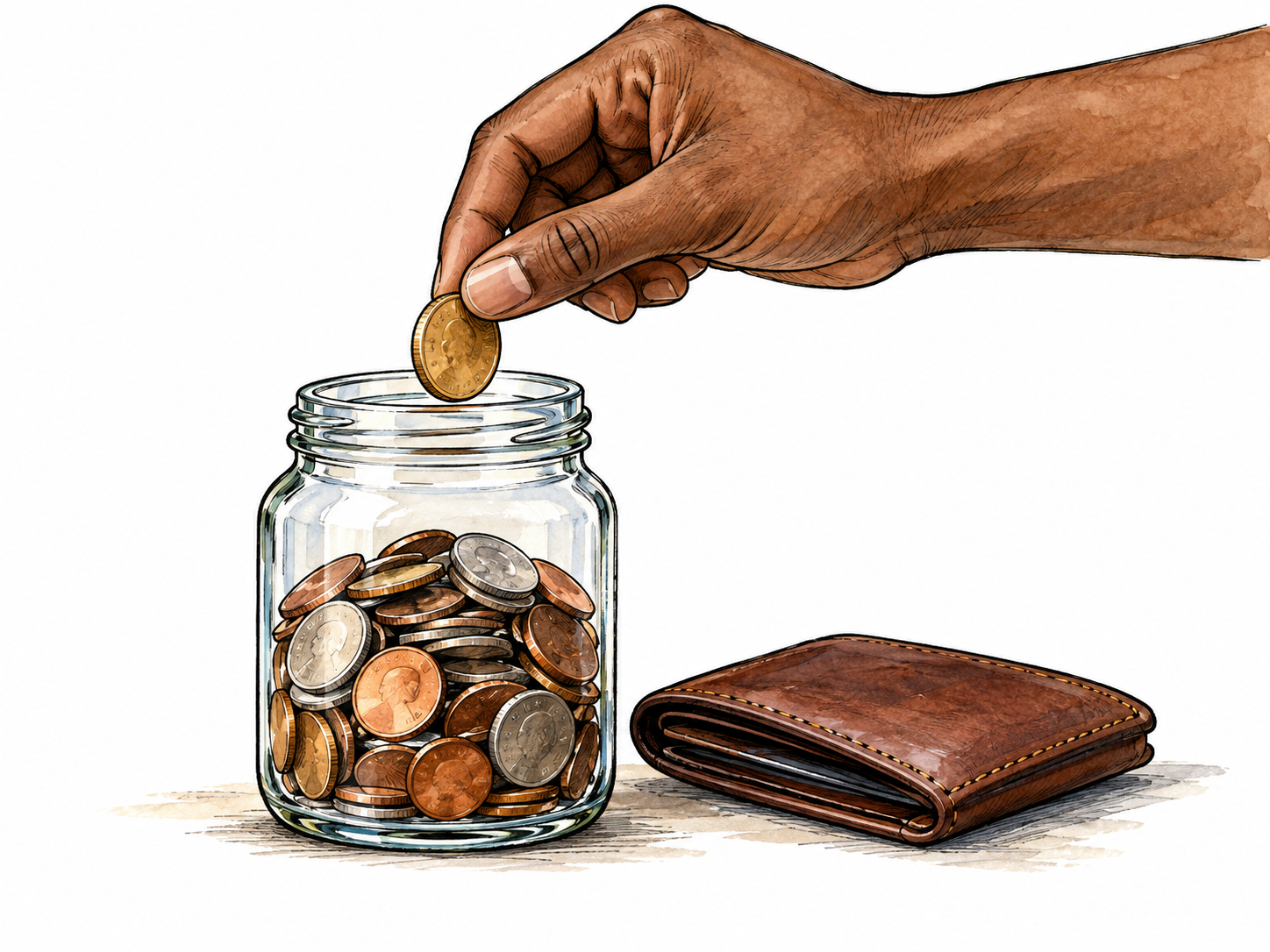 A small glass jar steadily filled with coins beside a neatly closed wallet, one hand adds another coin rather than spends it, no currency lettering or labels.