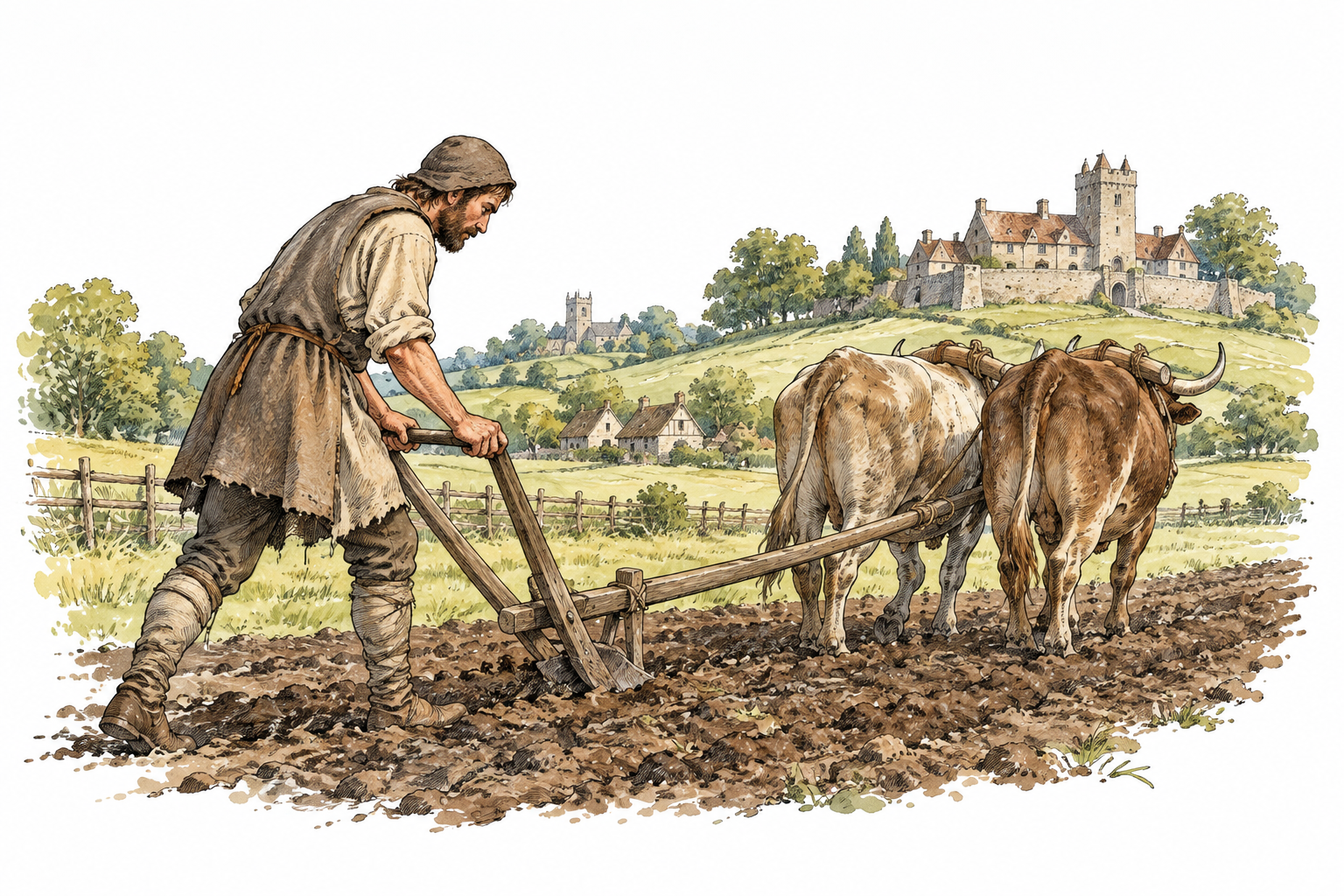 A medieval European peasant working a lord's field near a manor in the distance, simple period garments and wooden farming tools, accurate social setting and no text.