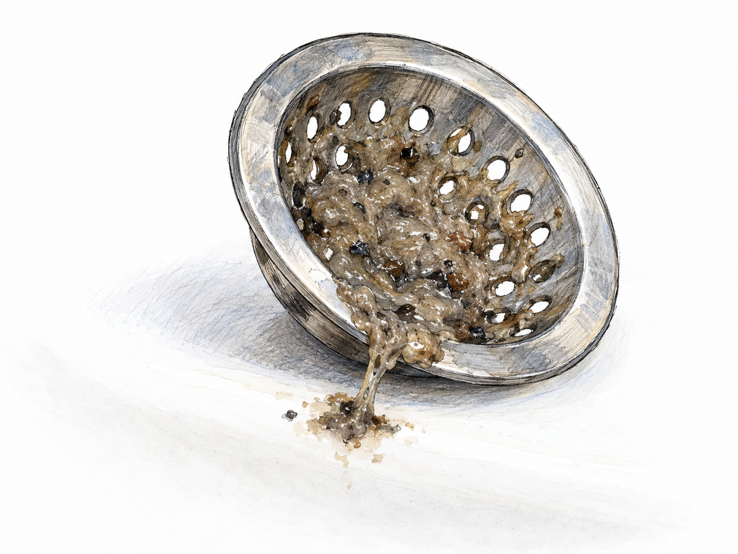 A small metal drain strainer clogged with thick gray-brown gunk, with a sticky strand stretching from the strainer onto the white ceramic surface beneath it.