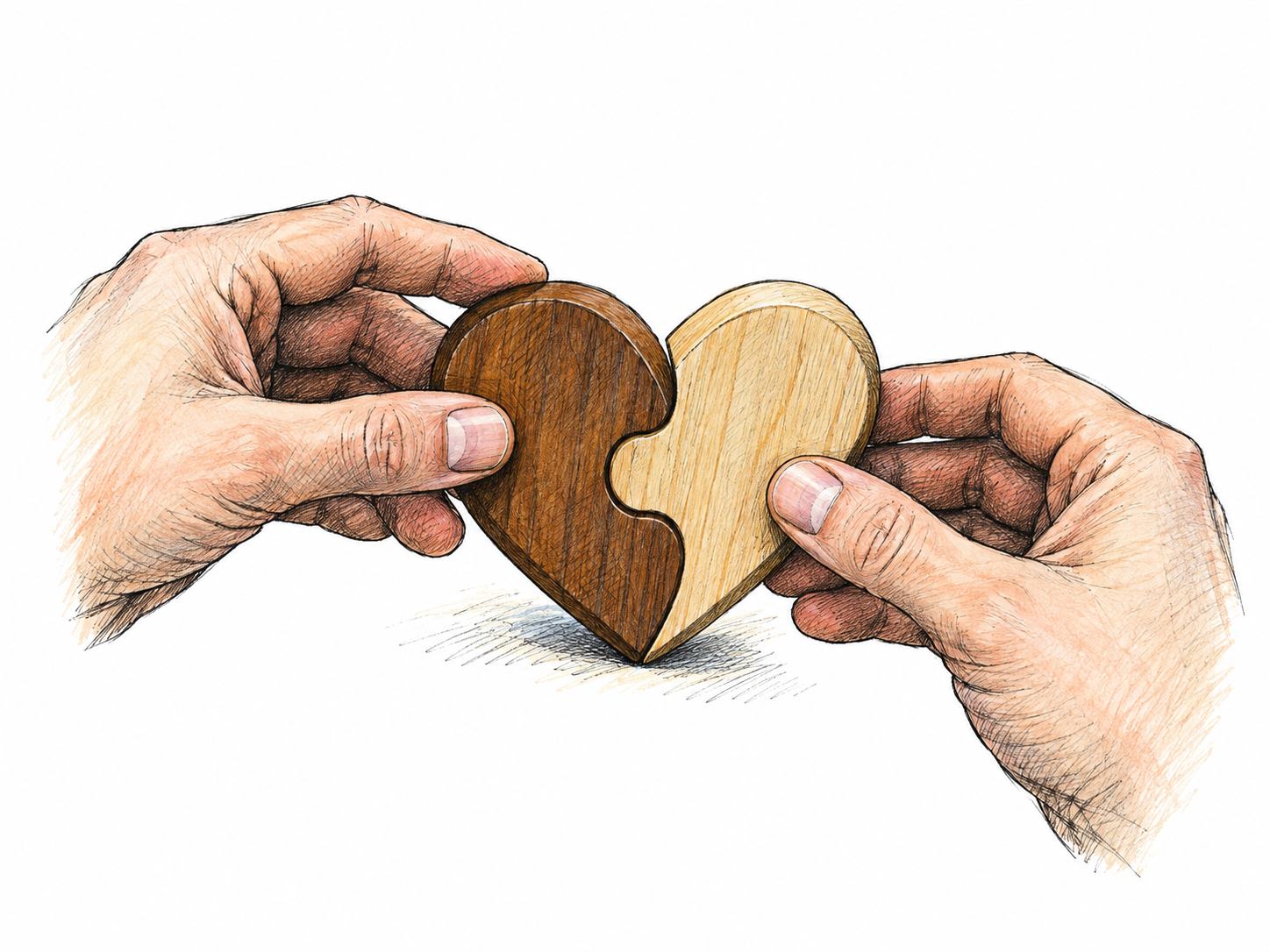 Two complementary halves of a simple wooden heart puzzle join neatly along a curved seam, one dark wood and one pale wood; hands fit them together to form a whole.