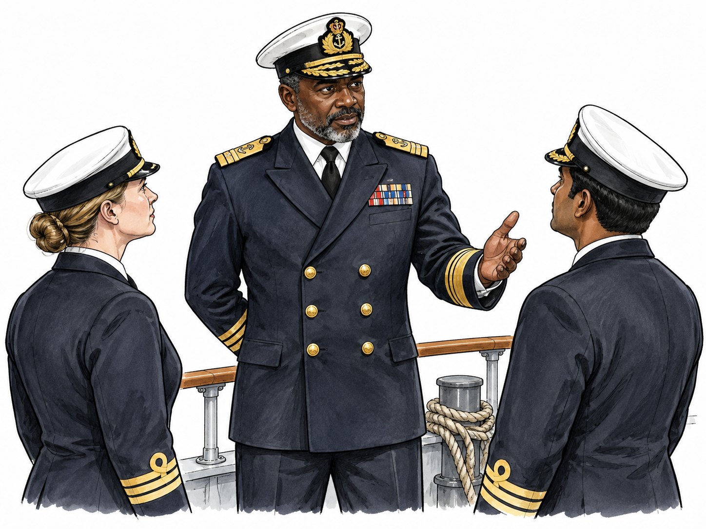 Naval commodore in generic formal uniform stands above two subordinate naval officers aboard ship fragment, gold braid authority, no text or national flags.