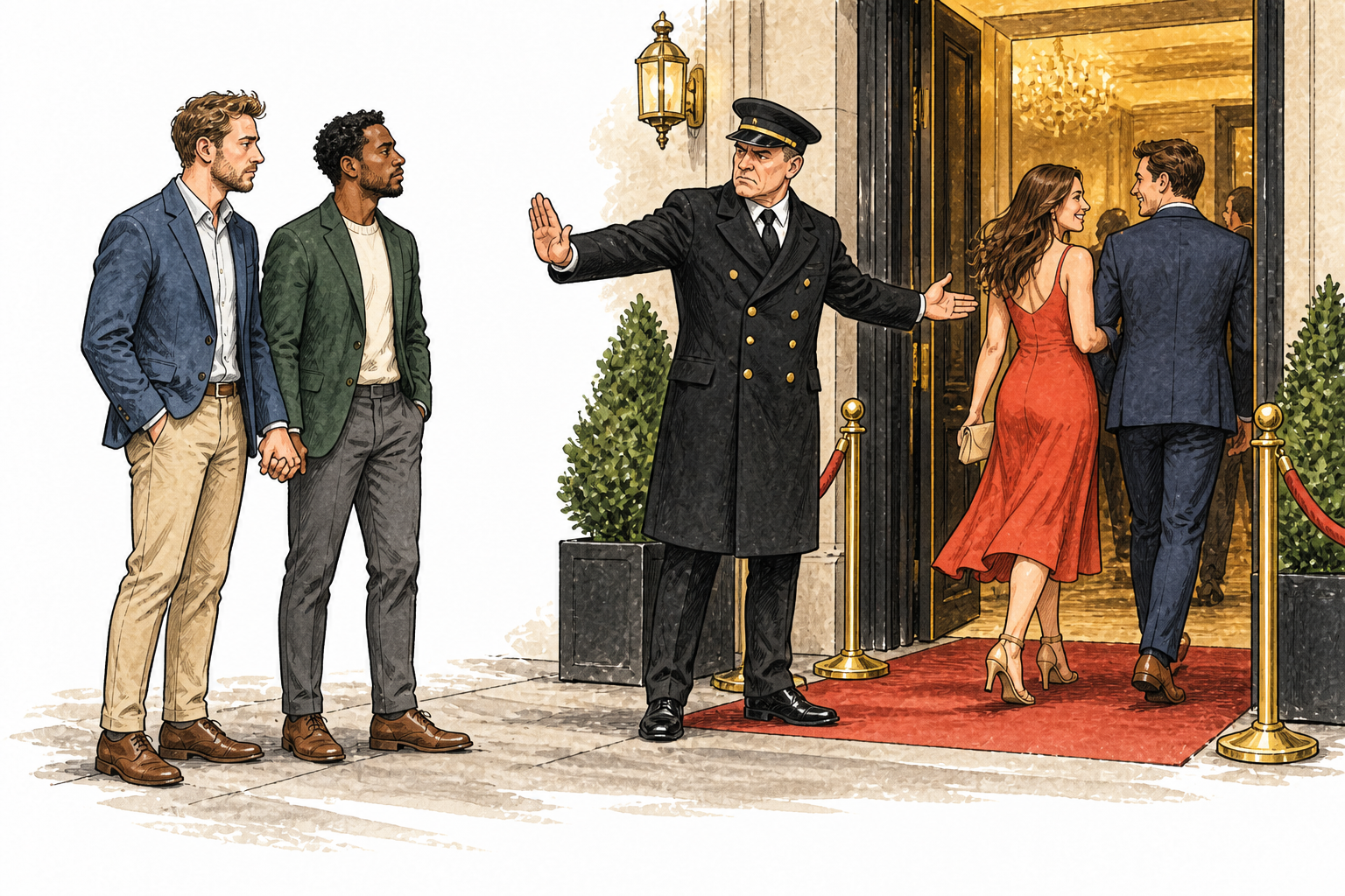 A doorman turns away two adult men holding hands as a male-female couple is welcomed through same entrance; rejected couple dignified, discriminatory behavior shown critically, no slogans or text.