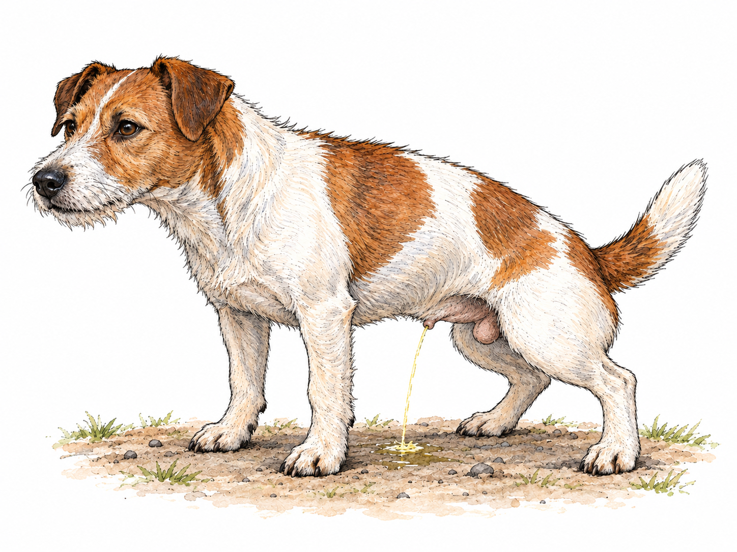 The same adult male brown-and-white terrier makes a small piddle in a low, four-paw crouch, with a short fine stream visibly originating under the forward abdomen and reaching a tiny wet spot.