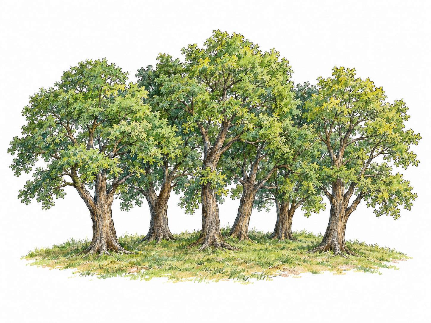 A compact, clearly bounded cluster of mature leafy trees standing together in an otherwise open grassy clearing, with visible open space around the entire group.