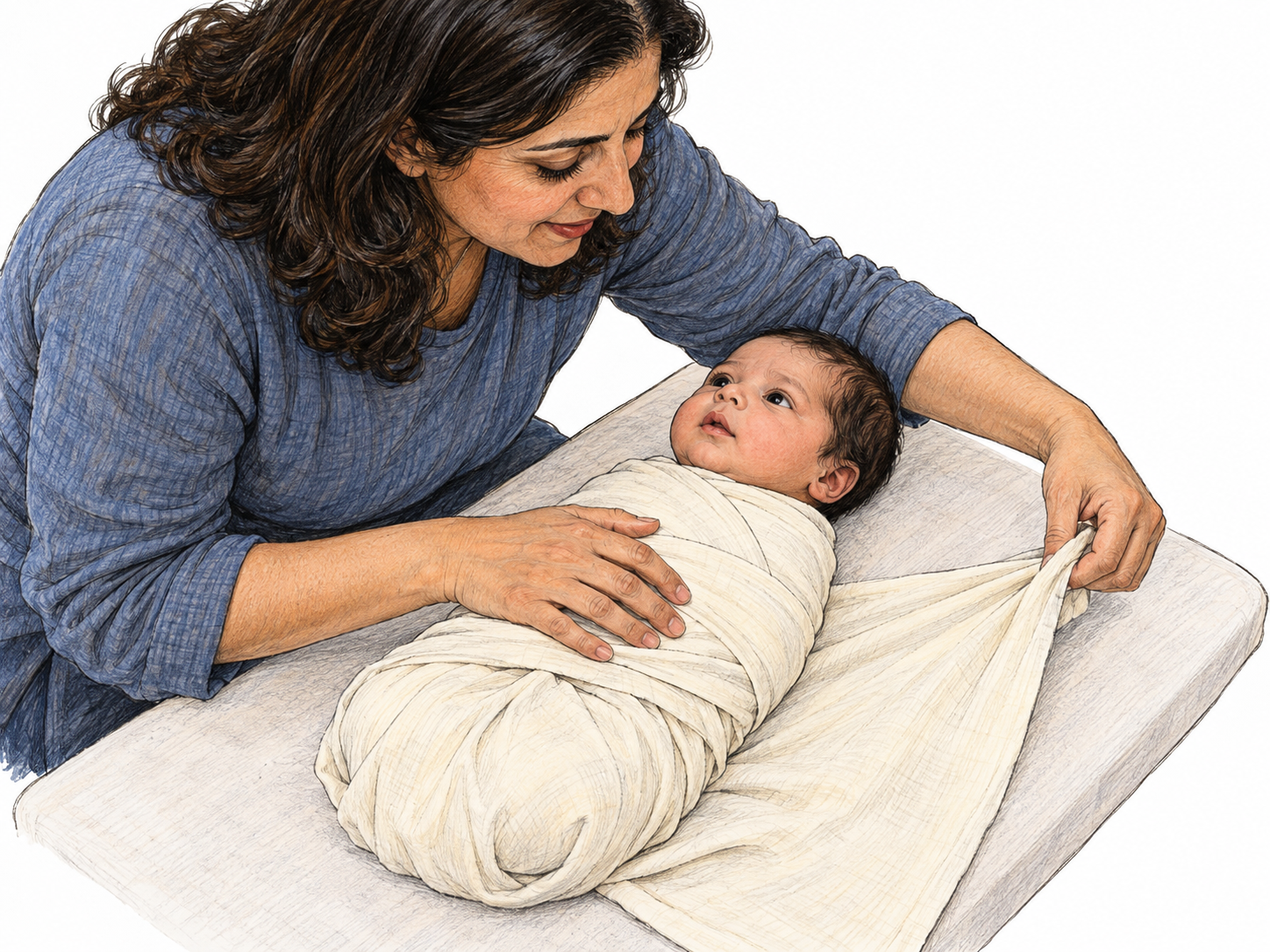 A caregiver folds the final corner of a soft cloth across a newborn lying on a changing mat, visibly wrapping the baby's torso and arms snugly while leaving the head uncovered.