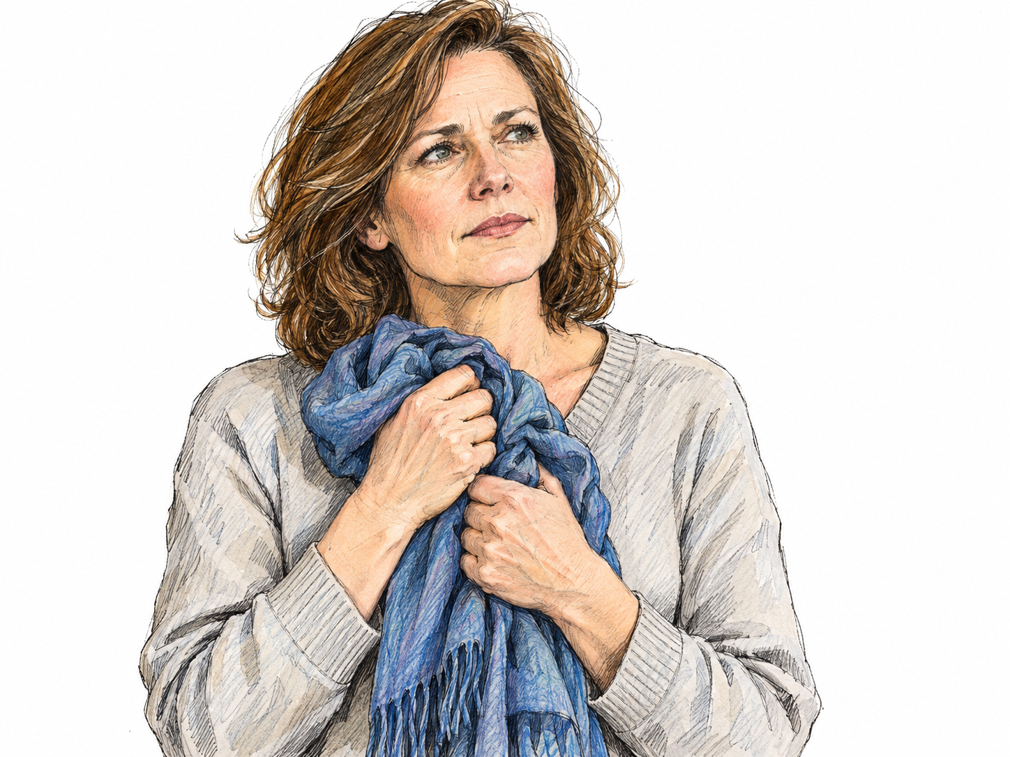 A middle-aged white woman tightly clutches a folded scarf against her chest, with visibly curled fingers compressing the fabric.