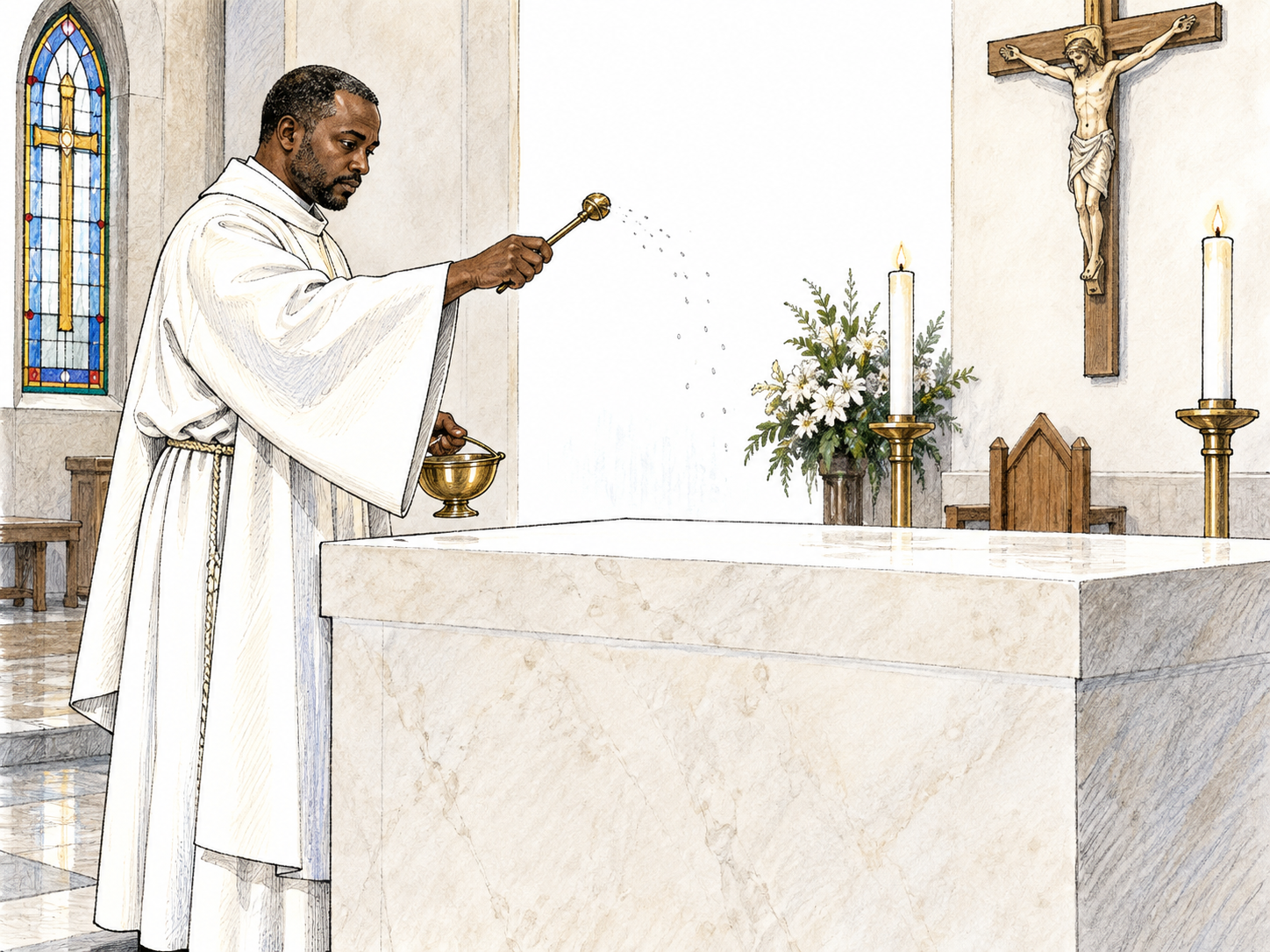 Christian priest reverently dedicates a plain new altar with a small vessel of holy water, deliberate blessing gesture and simple church context, no readable liturgy.