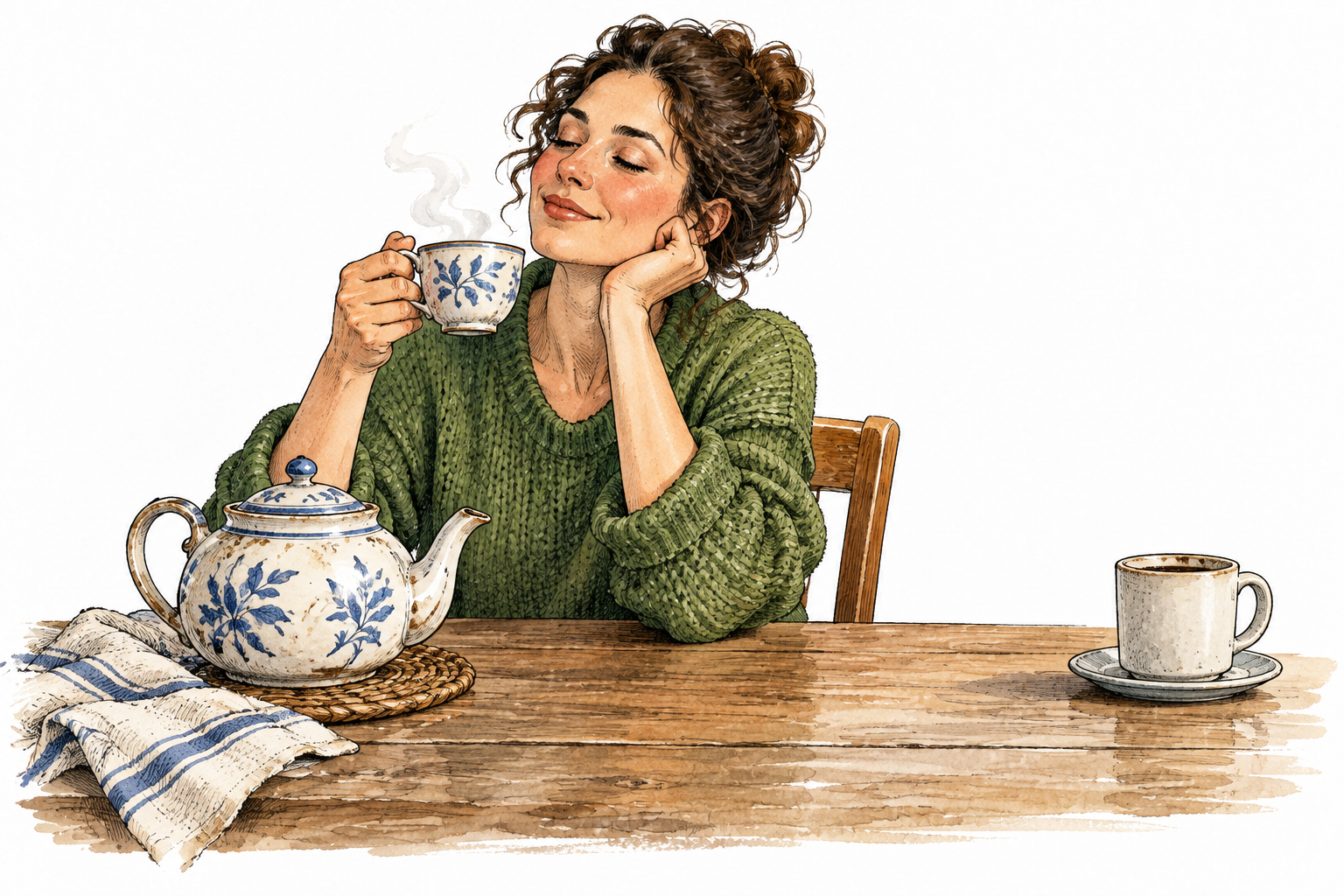 A person repeatedly favors tea: a well-used teapot and cup sit close to the person, an untouched coffee cup pushed farther away, relaxed delighted expression.