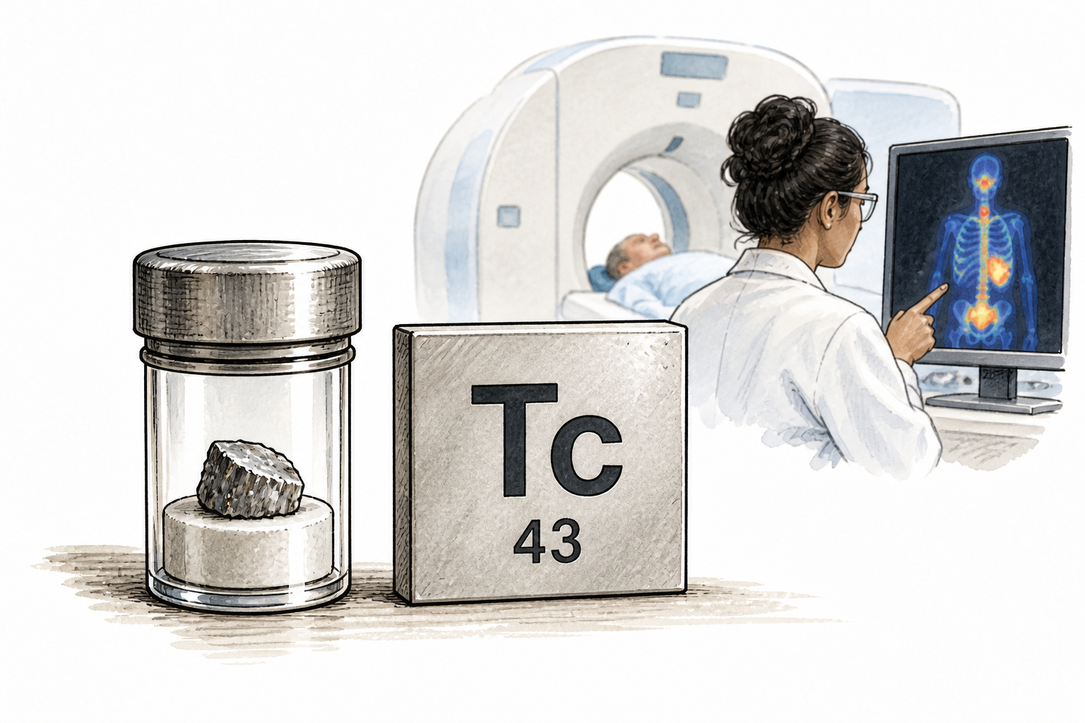 A safely contained small gray metallic sample beside an element tile reading Tc and 43; scientific illustration, no glowing green metal.