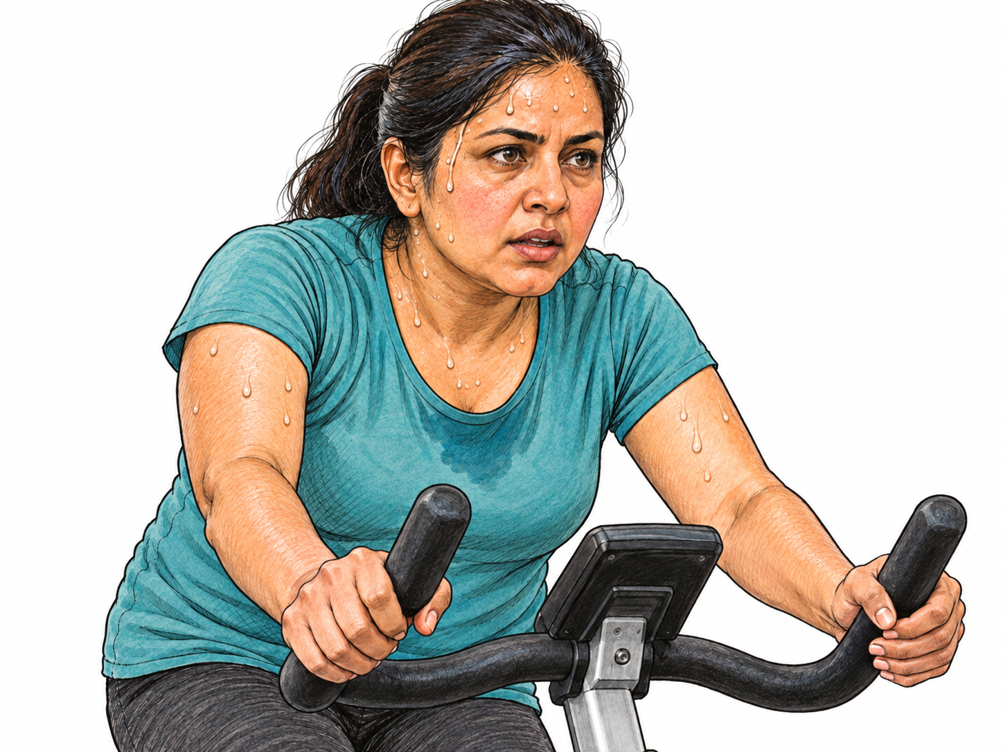 Close view of a woman exercising on a stationary bicycle, with distinct beads of perspiration on her forehead, temples, neck, and upper arms and a small damp patch at her shirt collar.