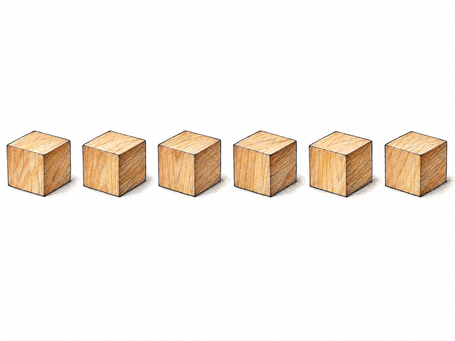 Six identical wooden cubes arranged at equal intervals in one perfectly straight row, making the spatial sense of linear immediately visible.