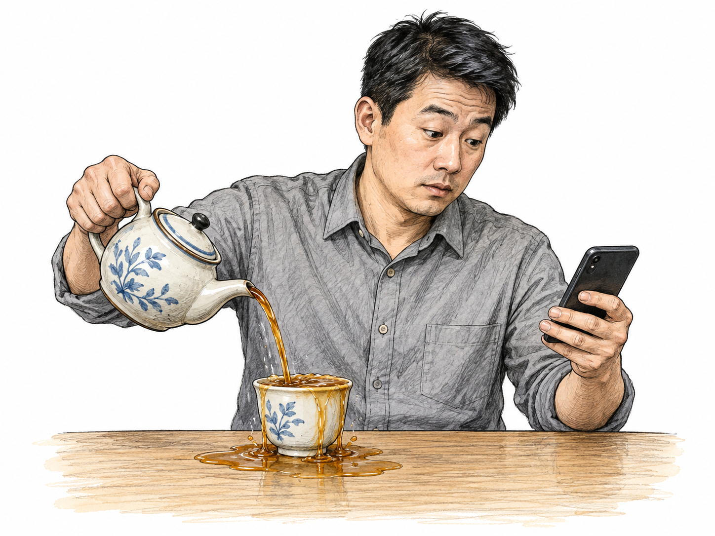 Distracted man looks at phone while tea overflows cup under still-tilted teapot, brief attention failure clearly visible; no injury, small tabletop only.