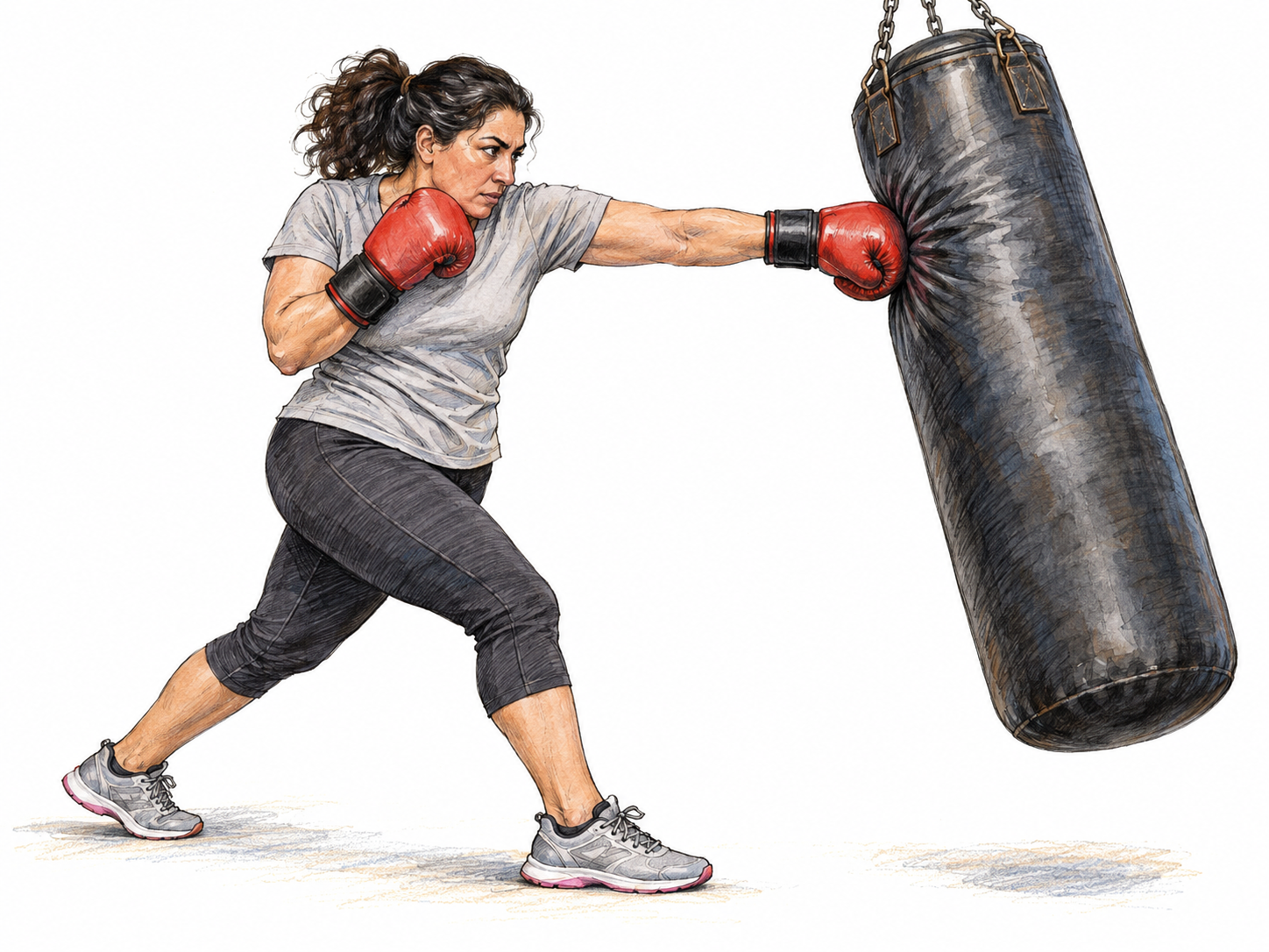 A boxer lands a forceful punch on a heavy punching bag, visibly compressing its surface and driving it sideways.