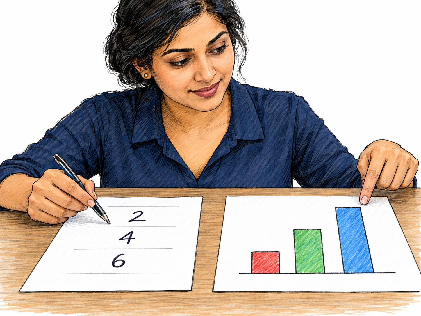 Close view of an analyst comparing three rows of small handwritten measurements on a sheet with three colored vertical bars on another sheet.