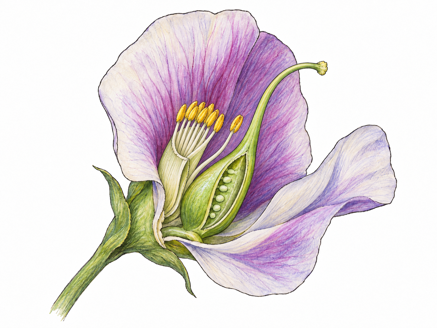 A close-up botanical ink illustration of a single pea flower, with its petals gently opened and a small longitudinal cutaway in the carpel's swollen ovary revealing attached ovules.