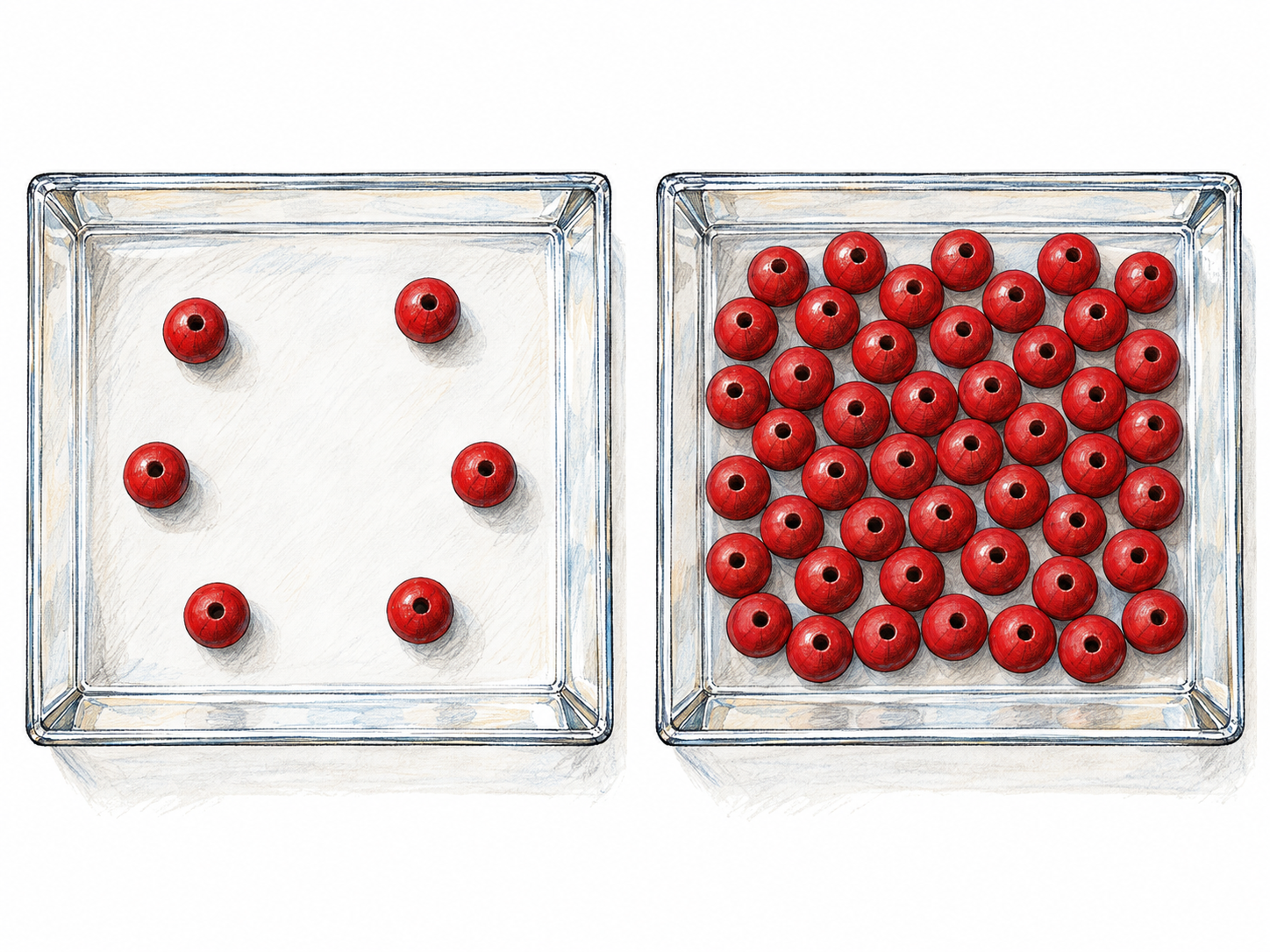 Two identical transparent square trays viewed from above contain identical red wooden beads: one tray has a few widely spaced beads, while the other has many closely packed beads.