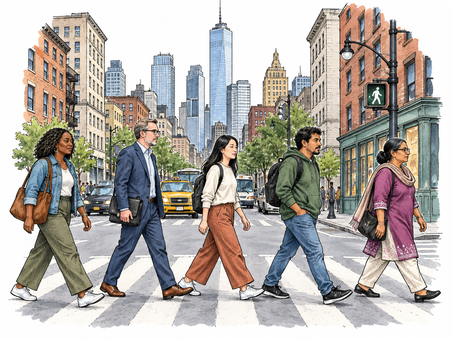 A compact city block shows closely spaced multi-story buildings and a busy pedestrian crossing; an urban built environment, no incidental text.