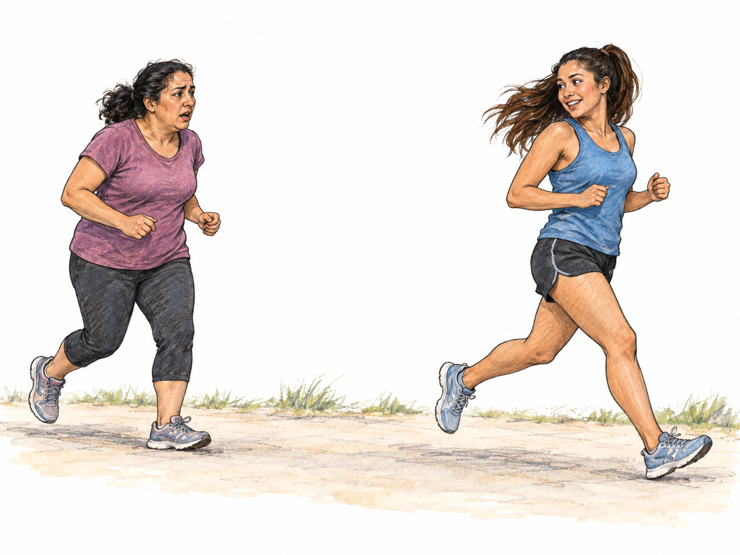 Two recreational runners move in the same direction along a simple path.