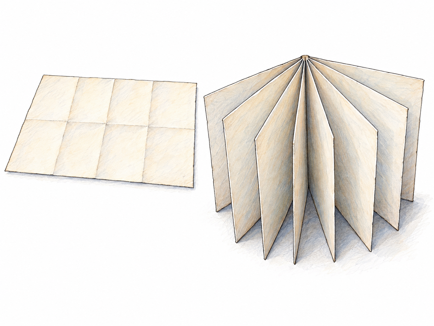 A simplified bookbinding study pairing one unfolded sheet bearing the crease pattern of three successive half-folds with its finished eight-leaf gathering.