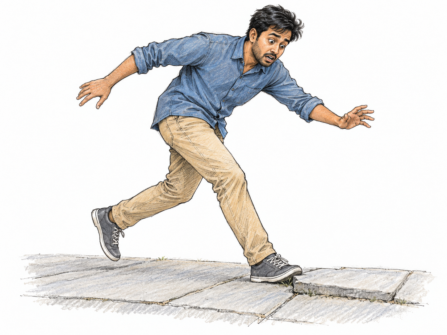 A walking man catches the toe of his shoe on a raised paving edge and pitches forward, spreading his arms to recover his balance before falling.