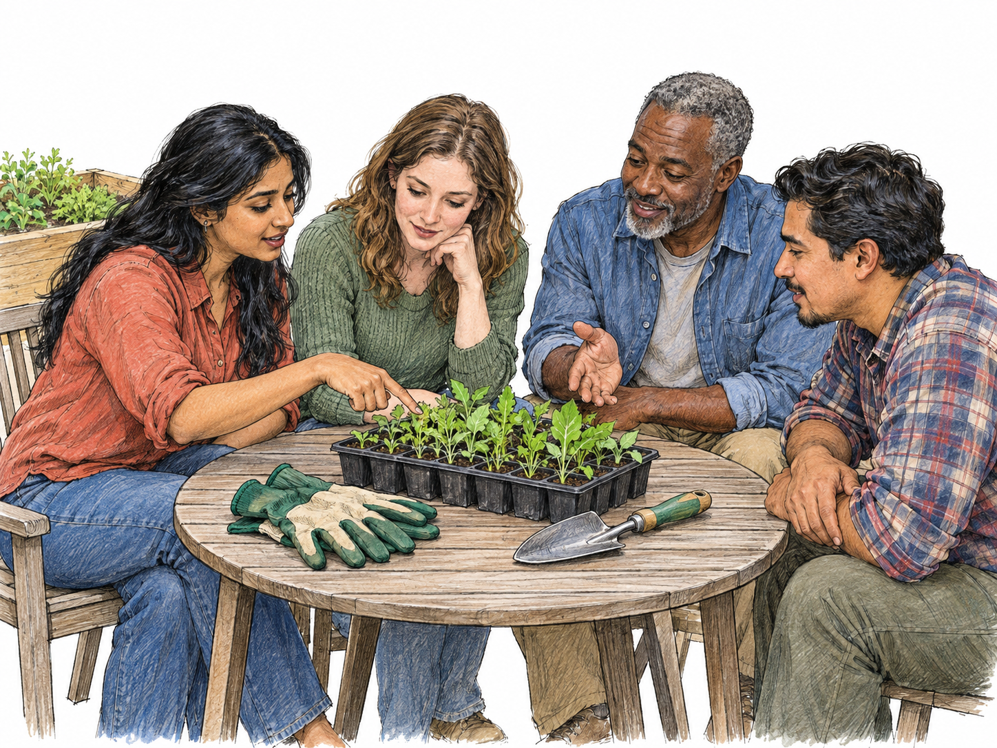 A small community gardening gathering: four neighbors meet around a table with seedlings and garden tools, facing one another and jointly considering the plants.