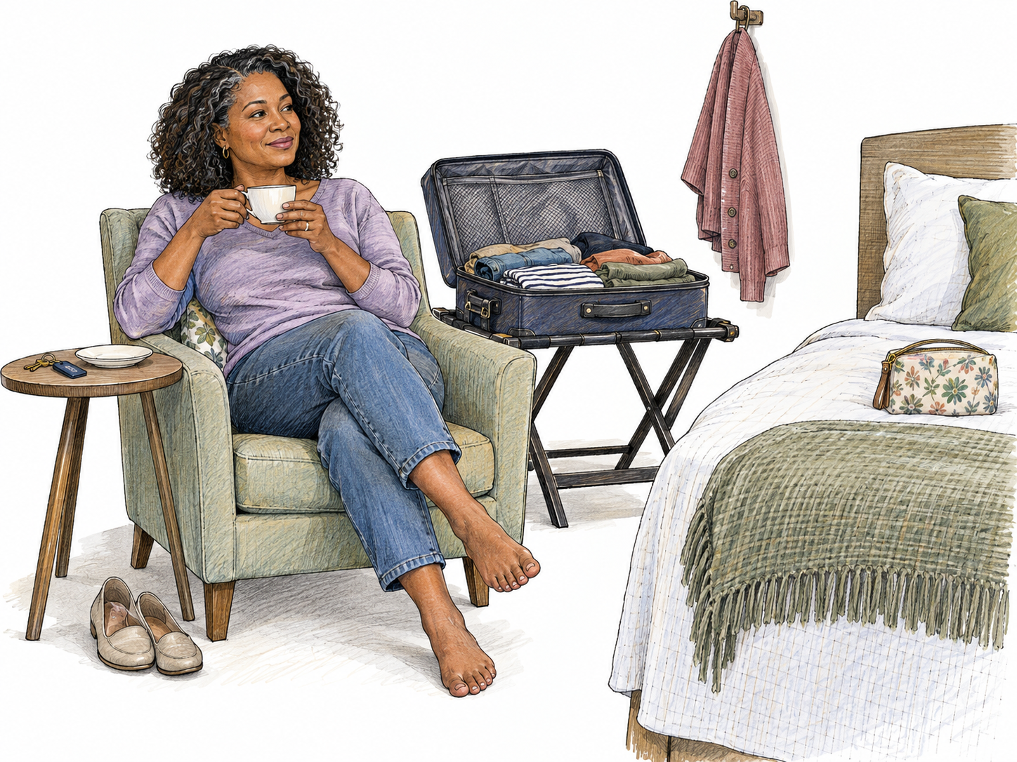 A traveler settled into a small guest room for a short stay, with a lightly unpacked weekend suitcase beside her and a few personal belongings arranged near the guest bed.