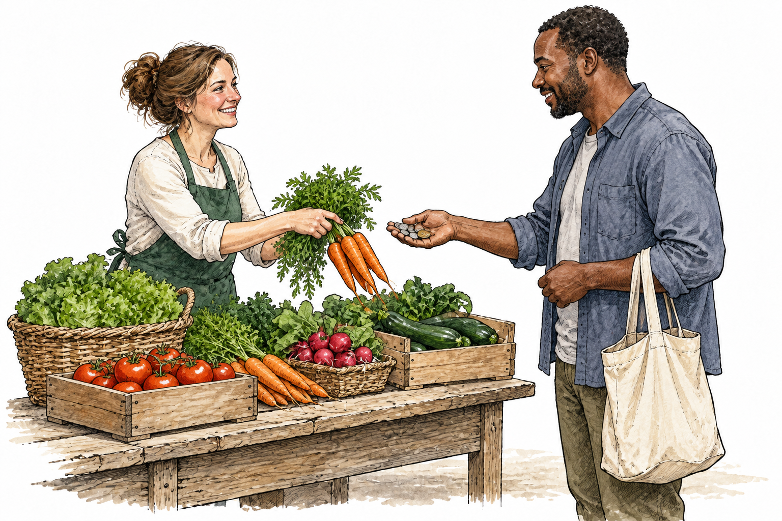 A white adult woman sells homegrown vegetables at a plain market stall to a Black adult man paying coins.