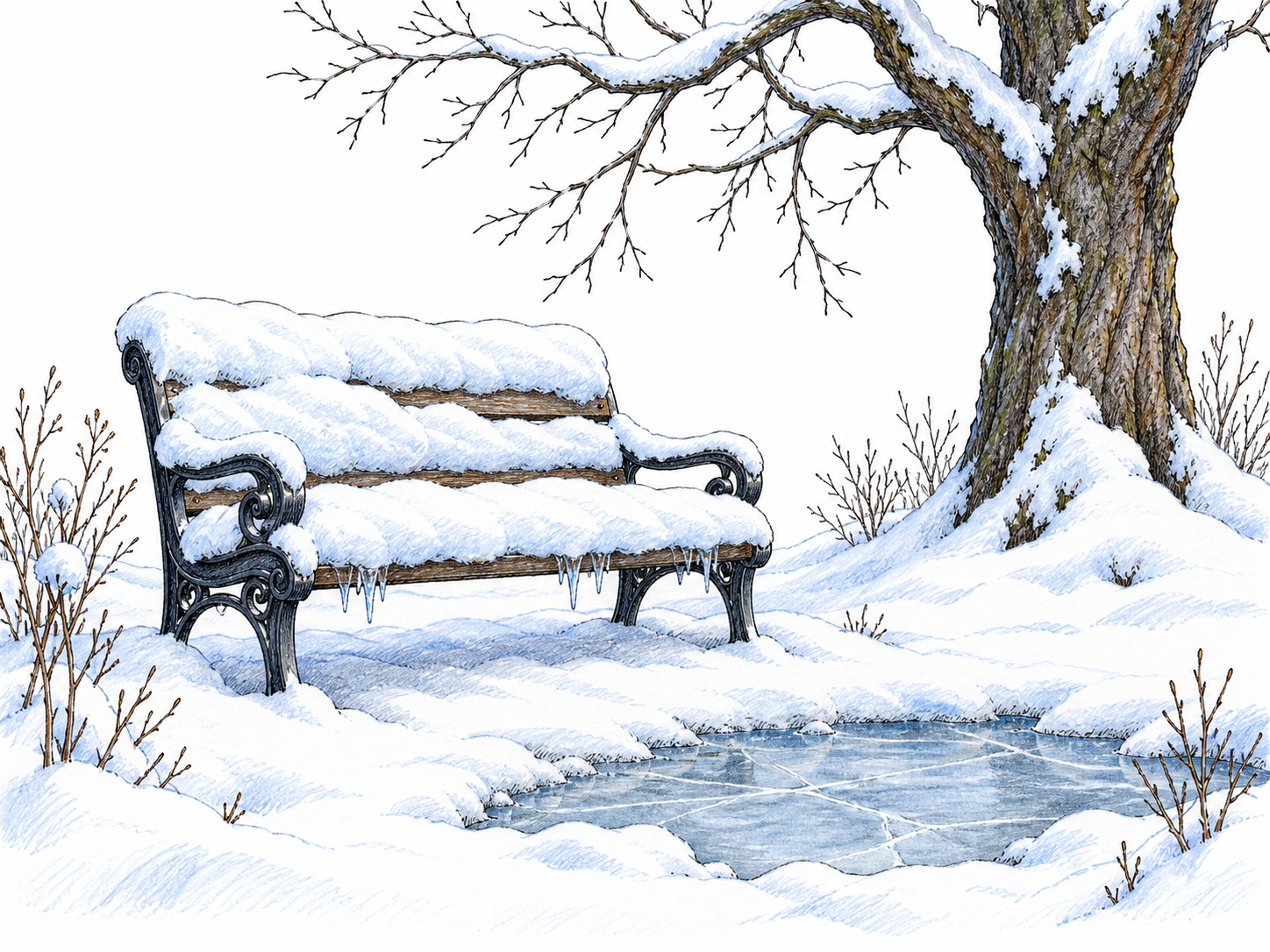 A thick settled blanket of snow covers a bench and the base of a bare tree; small icicles and a firmly frozen puddle communicate winter at its deepest, restrained local ground only.