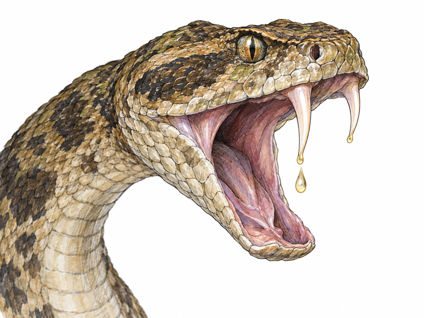 A close view of a viper's open mouth, with prominent hollow fangs and small pale-gold venom droplets emerging directly from their tips.