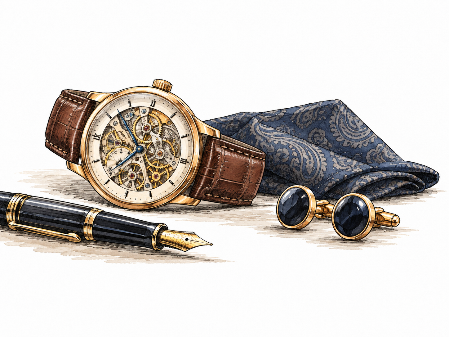 An intricate but refined mechanical watch beside sophisticated understated clothing accessories.