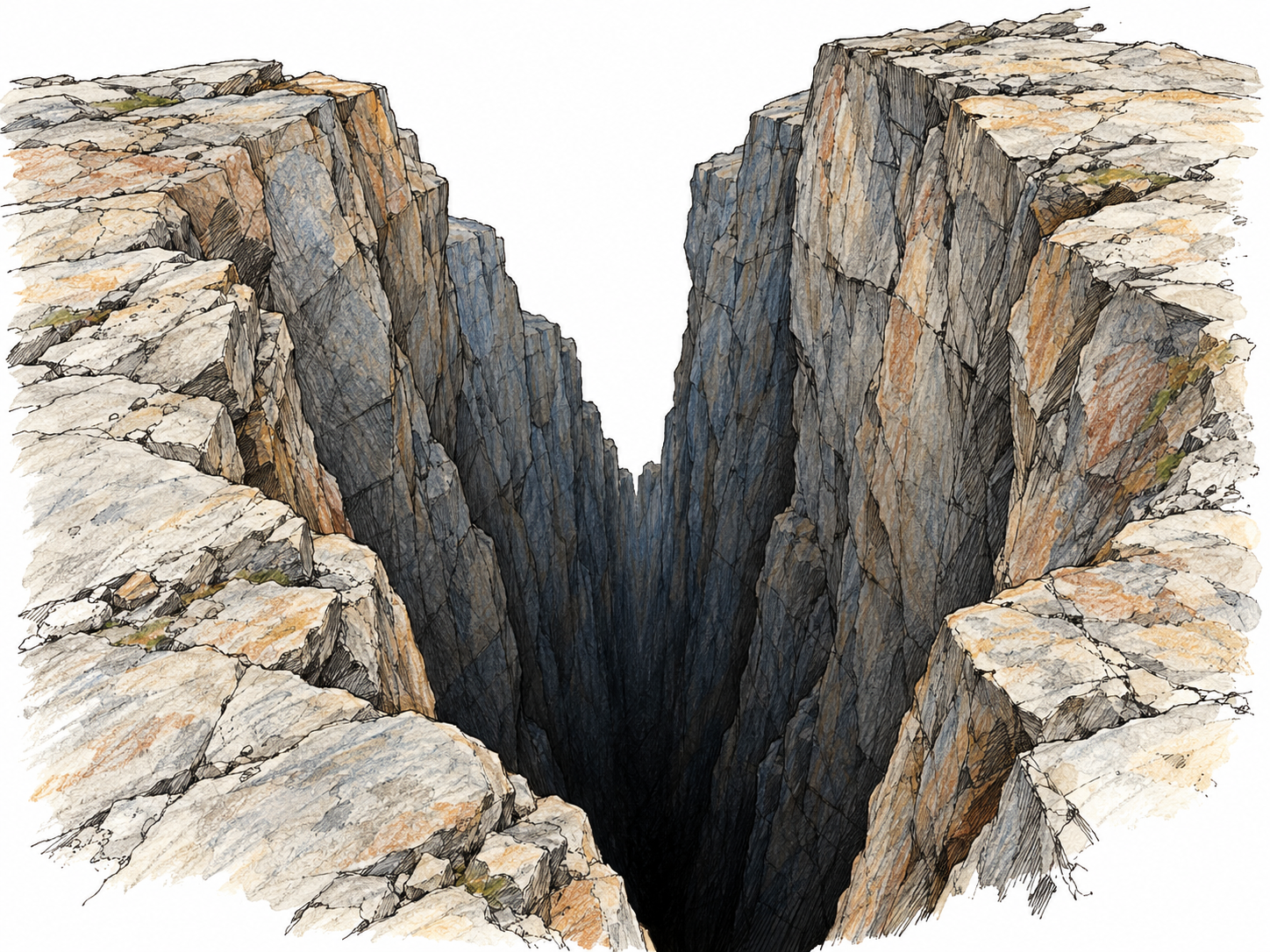 A close view into a narrow, immense rocky chasm, its steep walls descending into darkness with no visible floor.