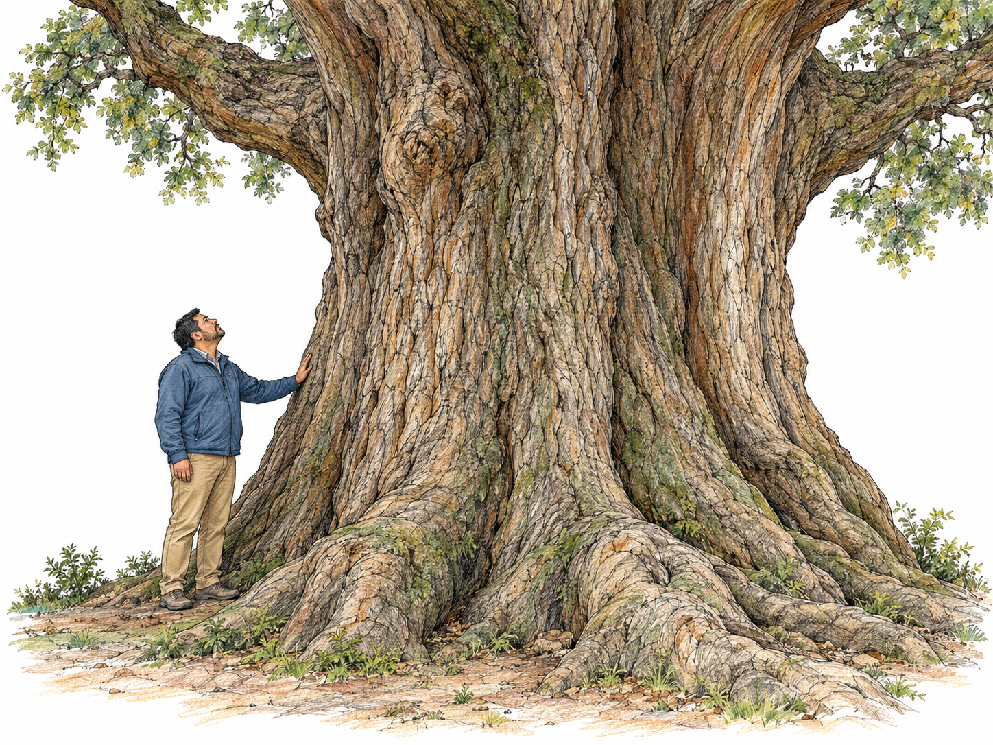 A massive old tree towers over a visitor standing beside its exceptionally broad trunk.