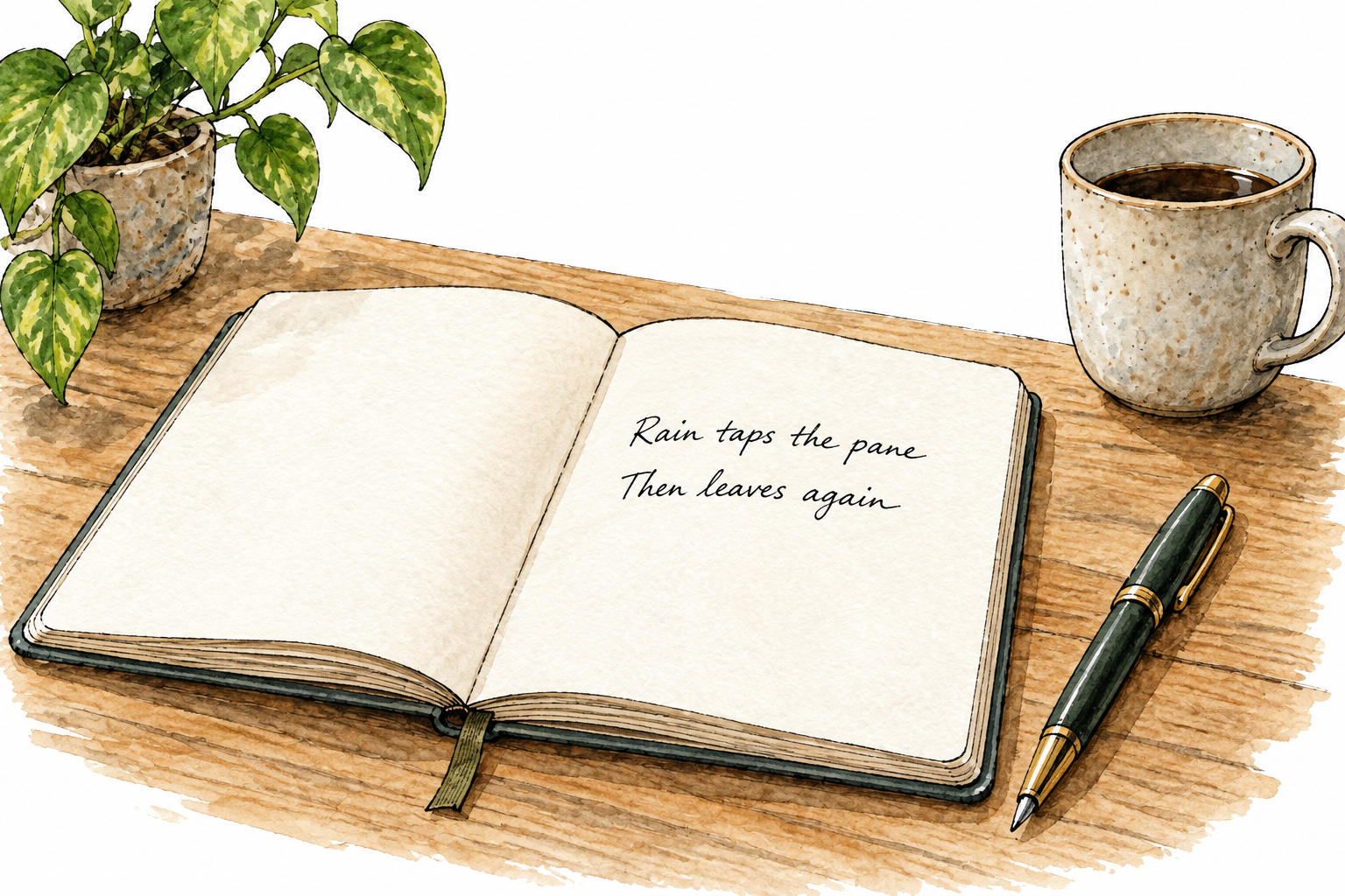 An open poetry notebook showing exactly two short handwritten verse lines: 'Rain taps the pane' and 'Then leaves again'.
