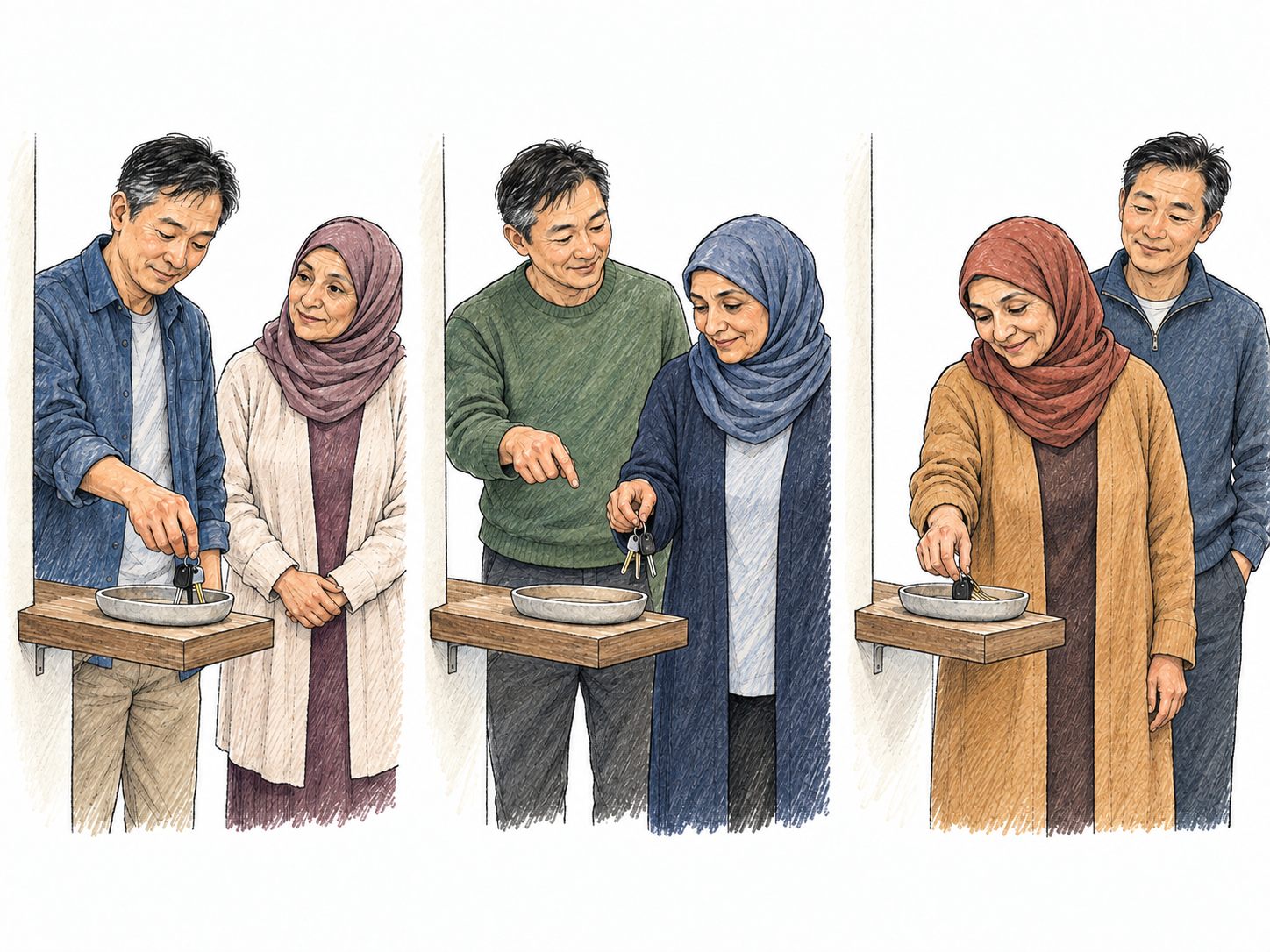 Three simple sequential vignettes show a man gradually instilling the habit of putting keys in a tray: he first demonstrates, then gently reminds an older woman, and finally she does it independently.