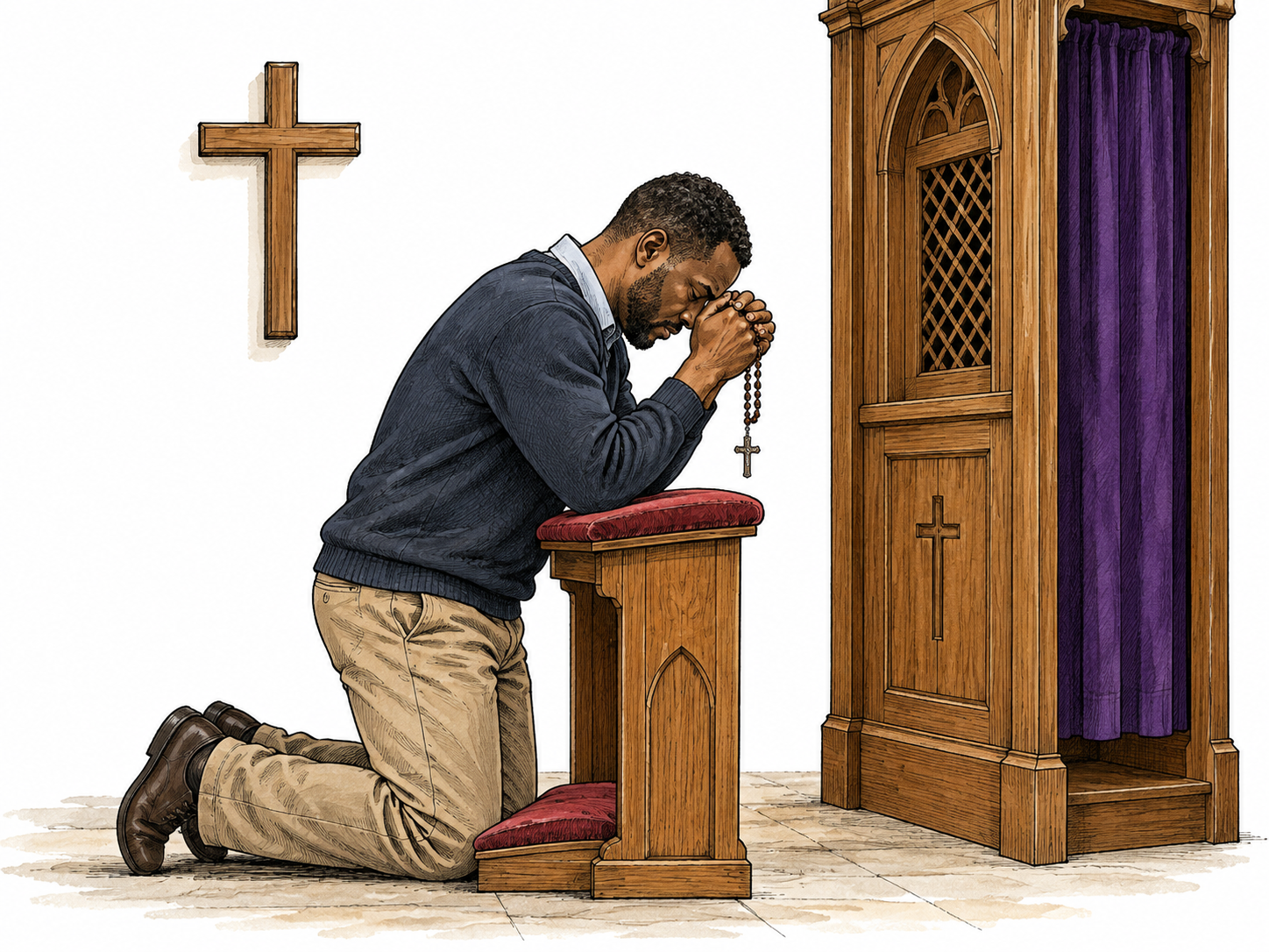 A remorseful adult kneels in prayer with rosary beads beside a small confessional booth and plain cross, undertaking a religious act of penance; one person only, no self-injury or readable prayers.