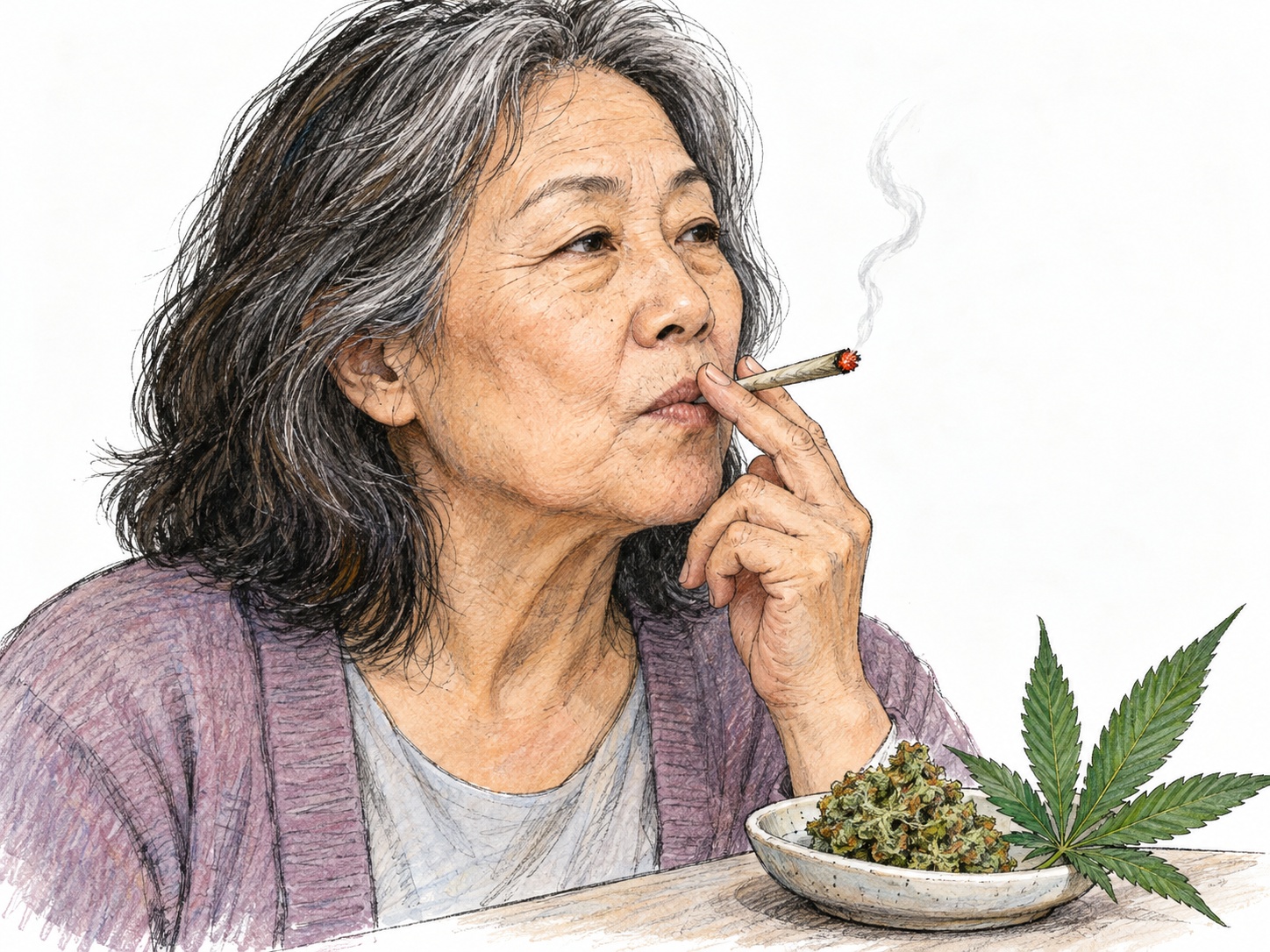An adult taking one puff from a marijuana cigarette, with a small visible cannabis leaf and loose cannabis flower beside her to distinguish the substance from tobacco.
