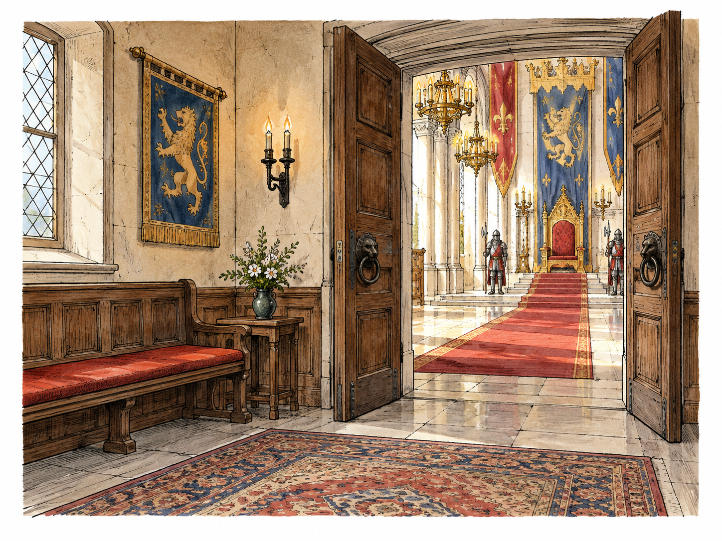 Small waiting room opening through grand doors into a throne hall.