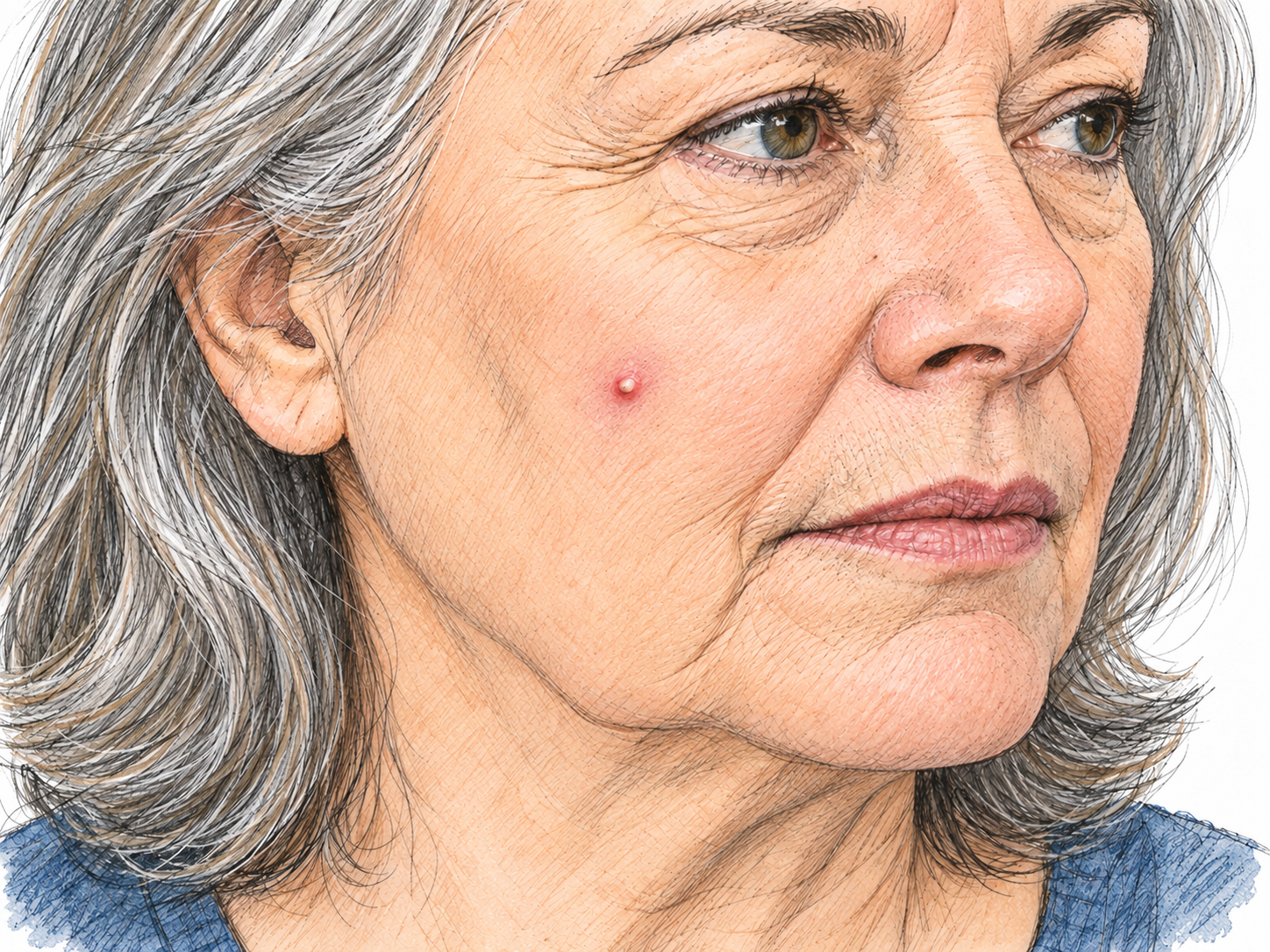 A close-up of a woman's cheek showing one small raised red pimple with a tiny pale center, surrounded by otherwise clear skin.