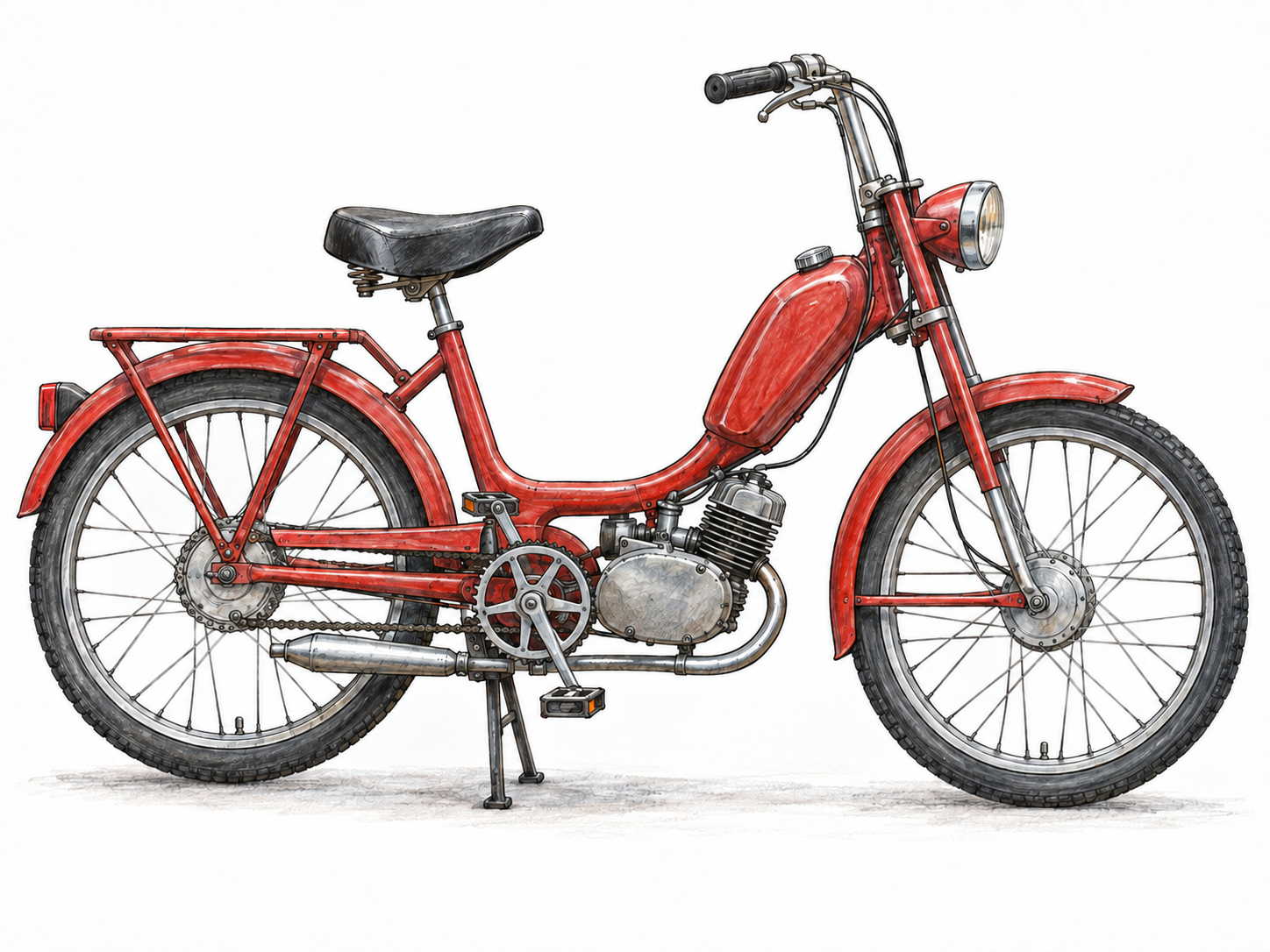 An isolated pedal-equipped moped in a clear side view, showing both bicycle-style pedals and a compact engine so it cannot be mistaken for an ordinary bicycle or a large motorcycle.