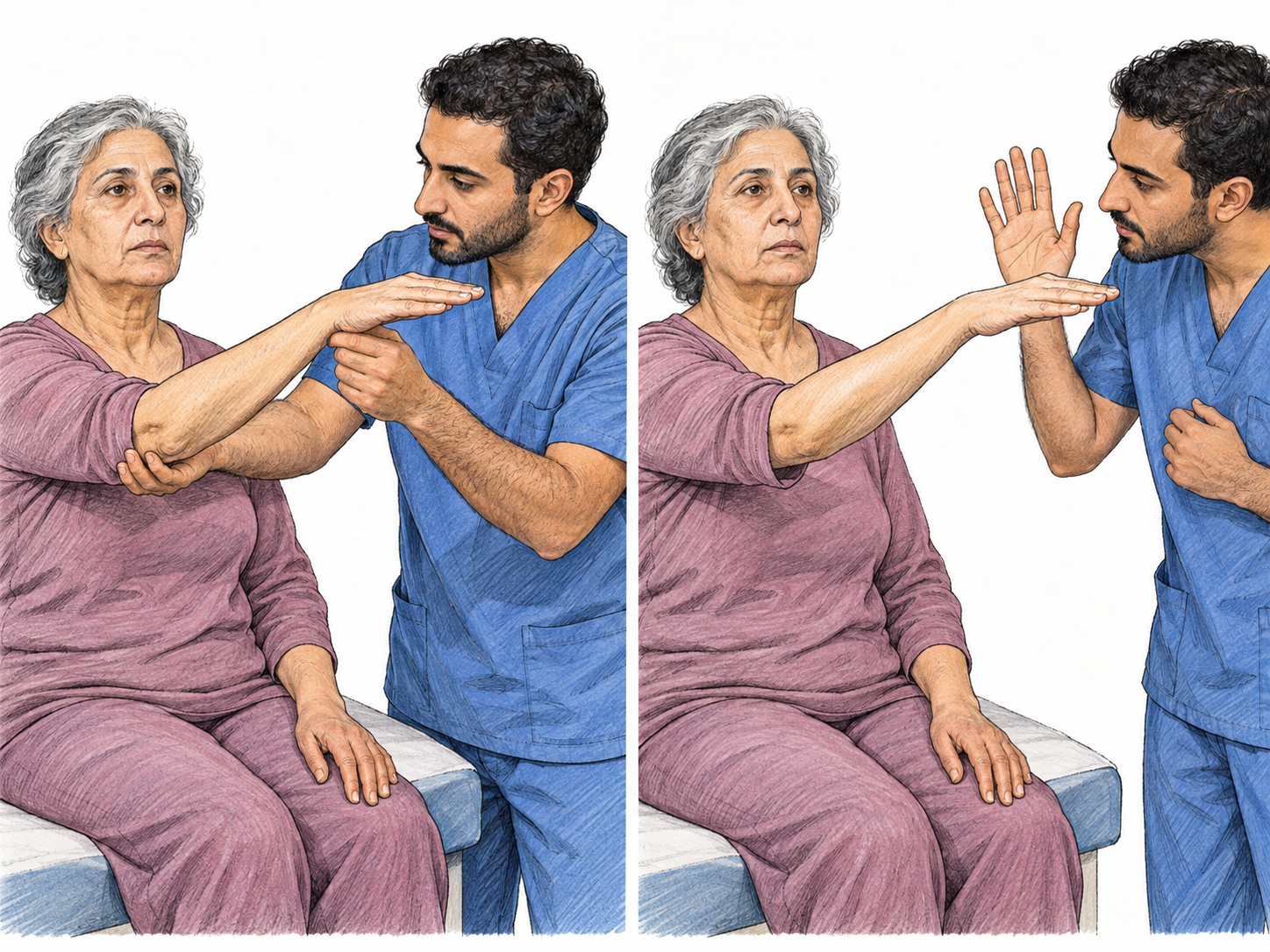 A two-moment clinical sequence shows a vacant-eyed patient retaining the same rigid arm position after the clinician releases it, while remaining unresponsive to his visible attempt to attract her attention.
