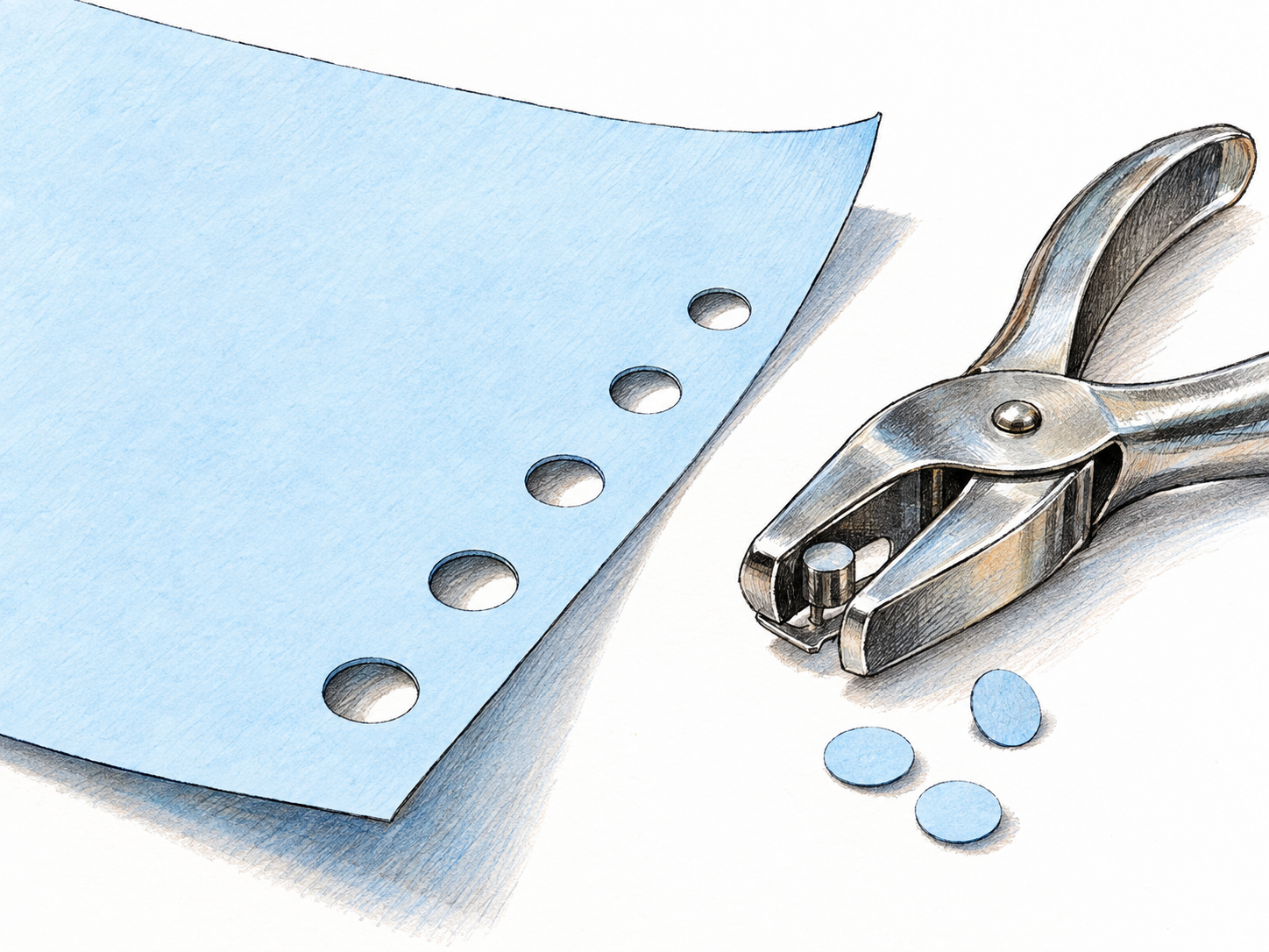 A plain sheet of pale blue card with a straight row of clean circular punched holes, slightly lifted so the openings visibly pass through it; a hole punch and matching circular paper chads make the punched construction clear.